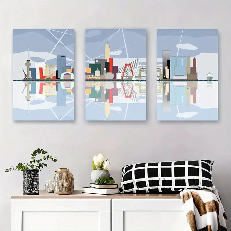 3-Piece Abstract City Skyline Metal Wall Art - Modern Geometric Urban Decor - Ready to Hang Canvas Prints for Living Room, Bedroom & Office Decor