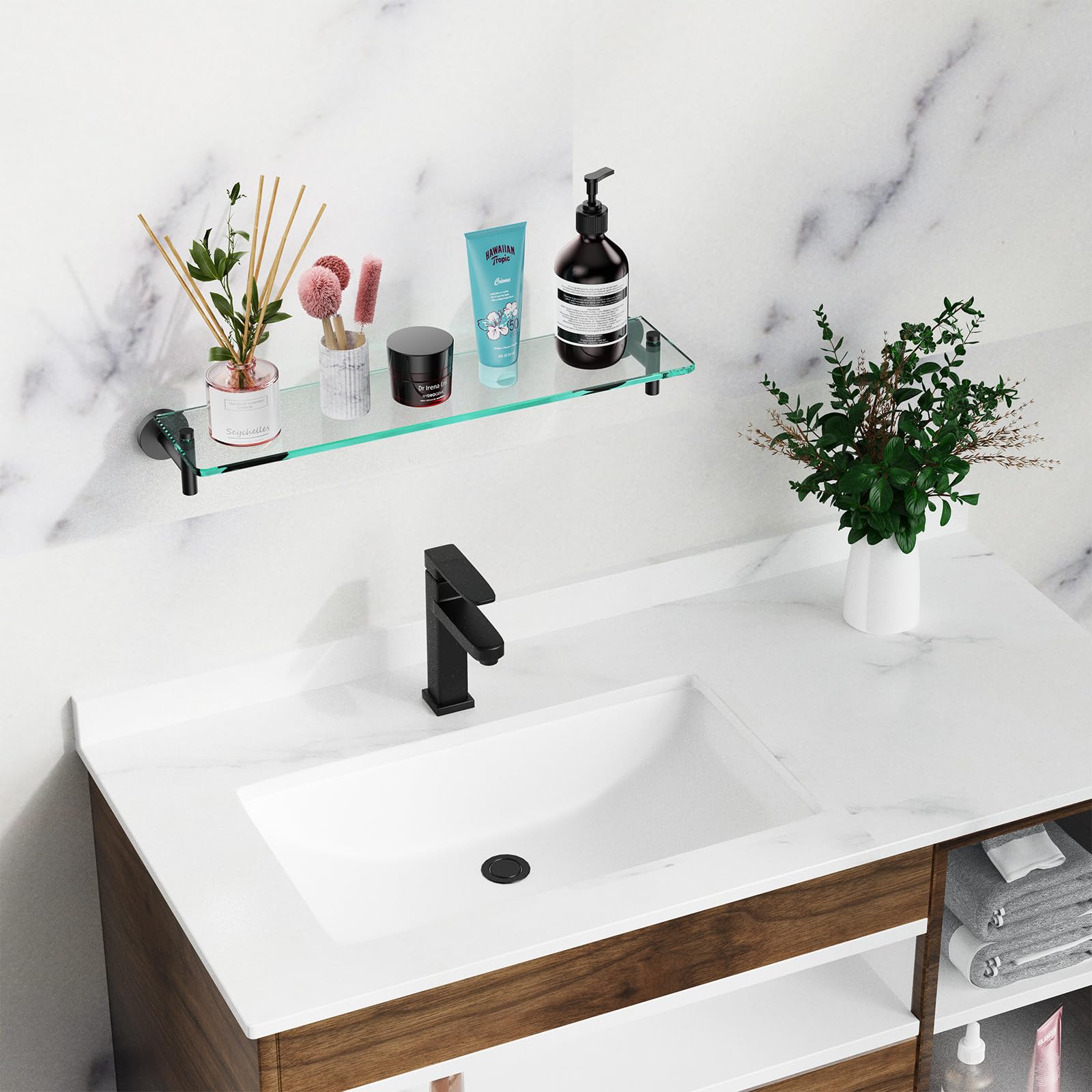 20-Inch Black Tempered Glass Floating Shelf for Bathroom - Stainless Steel Wall Mounted Modern Shelf for Shower Accessories & Organizers - Perfect for Towels, Toiletries, and Decor