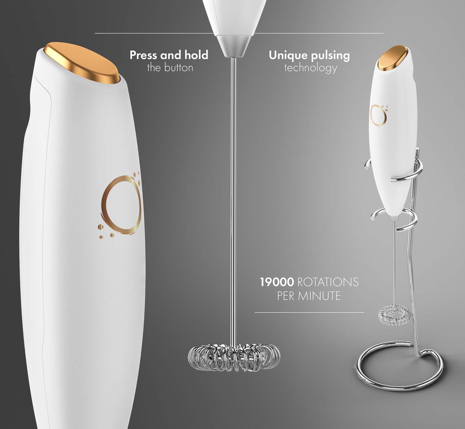 Premium Electric Milk Frother - 19000 RPM Handheld Whisk for Coffee, Latte & Cappuccino - Includes Recipe Book & Stainless Steel Stand - Perfect for Home Baristas & Coffee Lovers (White & Gold)