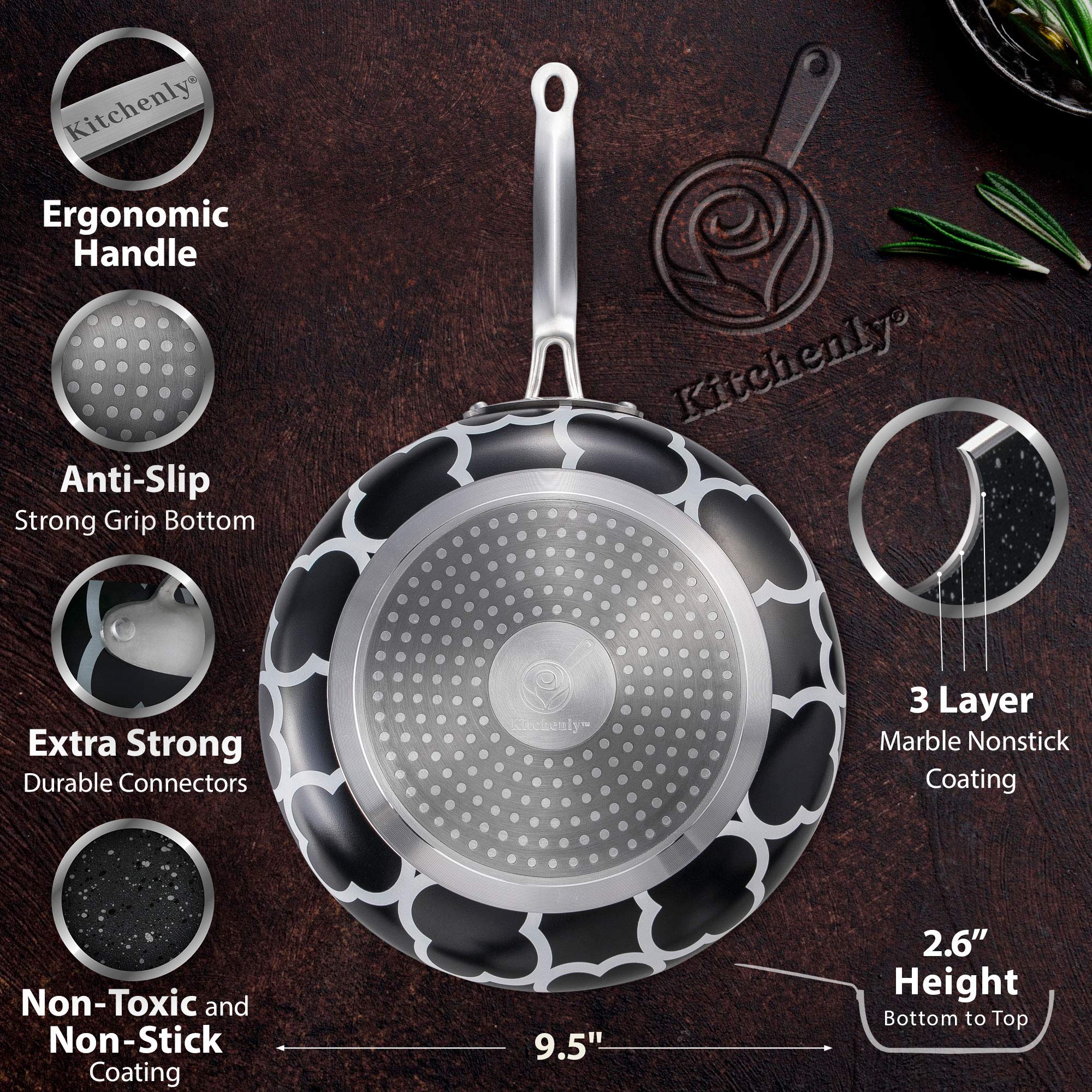 Non-Stick Frying Pan 9.5 Inch - Induction Ready Hard Anodized Granite Coating Deep Skillet Wok with Ergonomic Handle for Stove, Oven Cooking & Baking - Perfect for Stir Fry, Sautéing, Pancakes & Family Meals