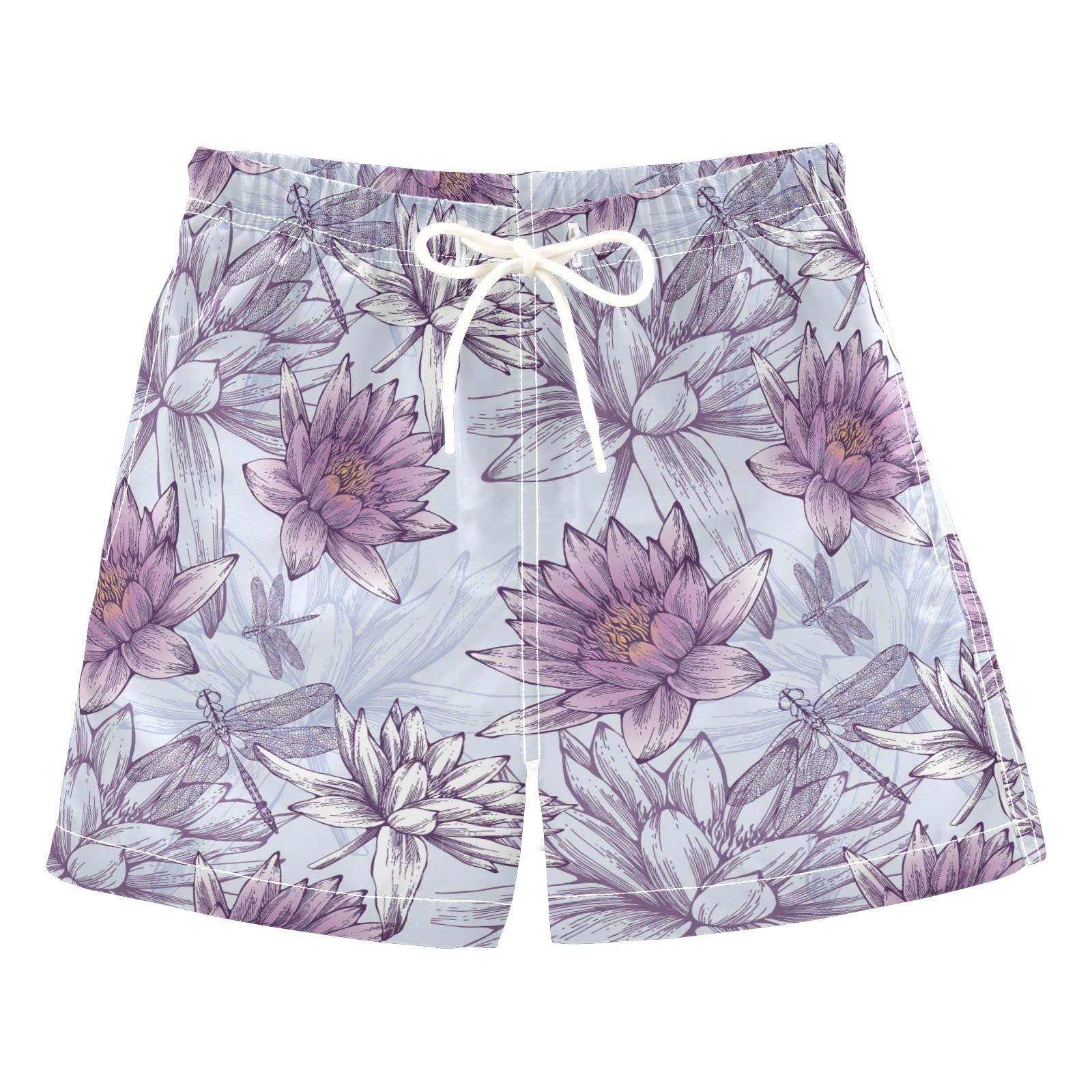 AMICHIC Boys Swim Trunks with Water Lilies & Dragonflies Print - Quick Dry Board Shorts for Beach, Surf & Swimming - Hawaii Vacation Essentials for Boys & Kids