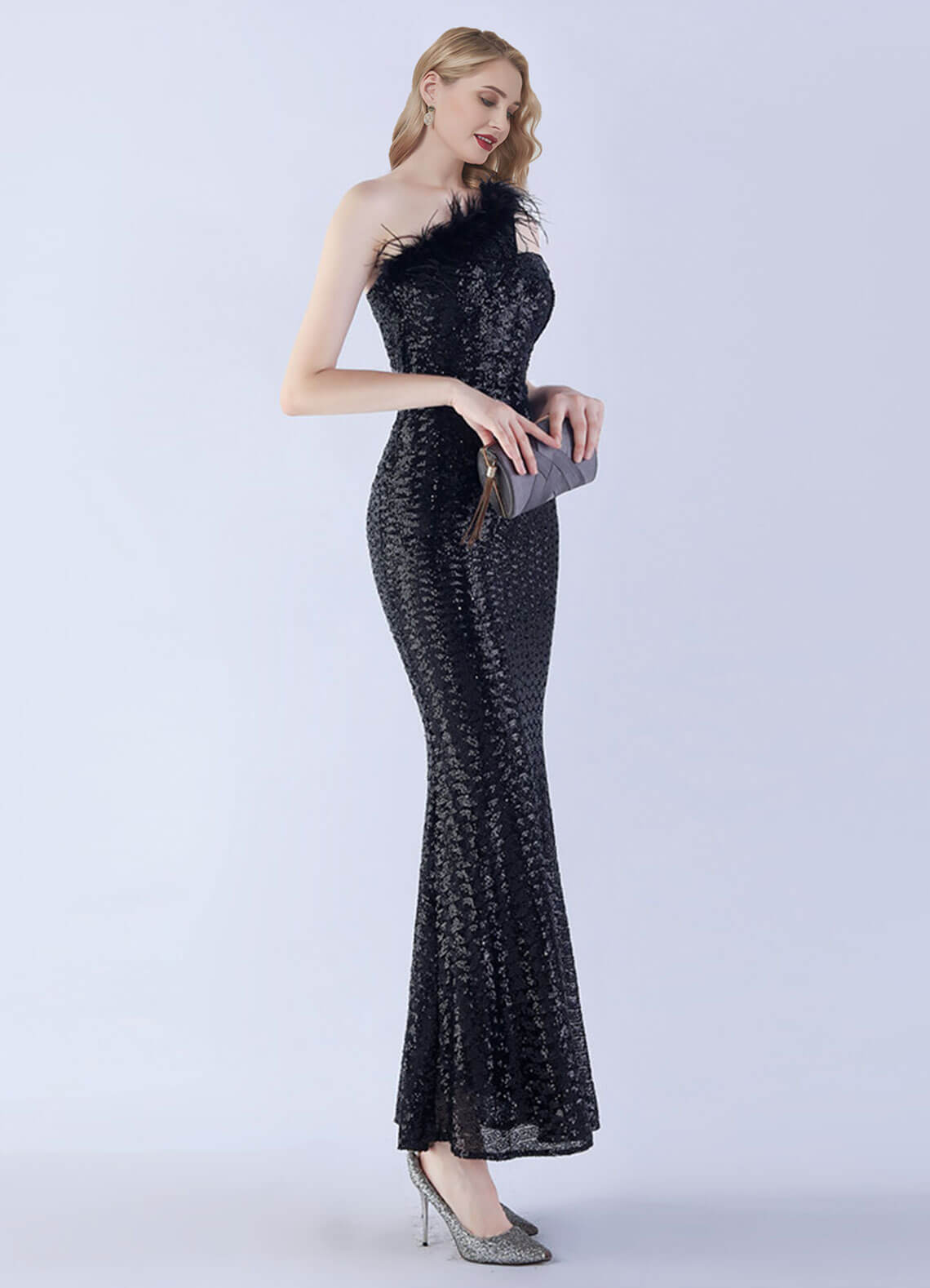 Elegant Black One Shoulder Feather Sequin Mermaid Evening Gown - Perfect for Prom, Gala, Wedding & Formal Events