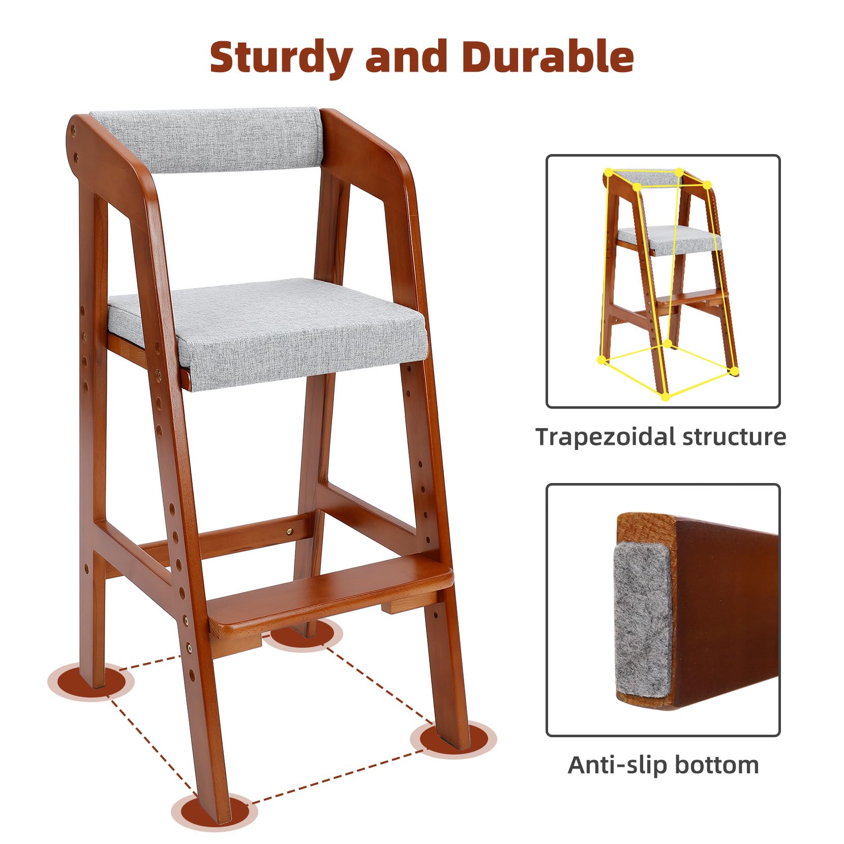 Adjustable Wooden High Chair for Toddlers - Convertible Dining & Feeding Chair with Removable Cushion - Grow with Your Child for Mealtime, Study & Play - Nut Brown Baby Step Stool Included - Perfect for Home, Restaurant & Daycare Use