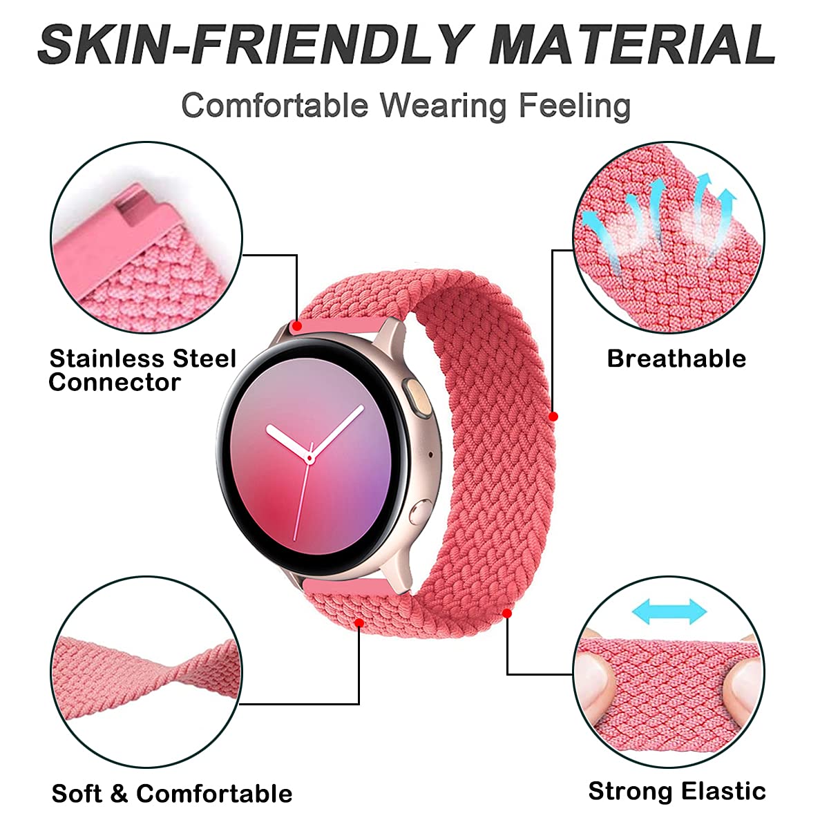 Minggo Solo Loop Braided Strap Compatible with Samsung Galaxy Watch 6/5/4/Active 2/3 (40mm 44mm 41mm 45mm) - Elastic Woven Watch Band for Men Women - Perfect for Workouts, Running & Daily Wear