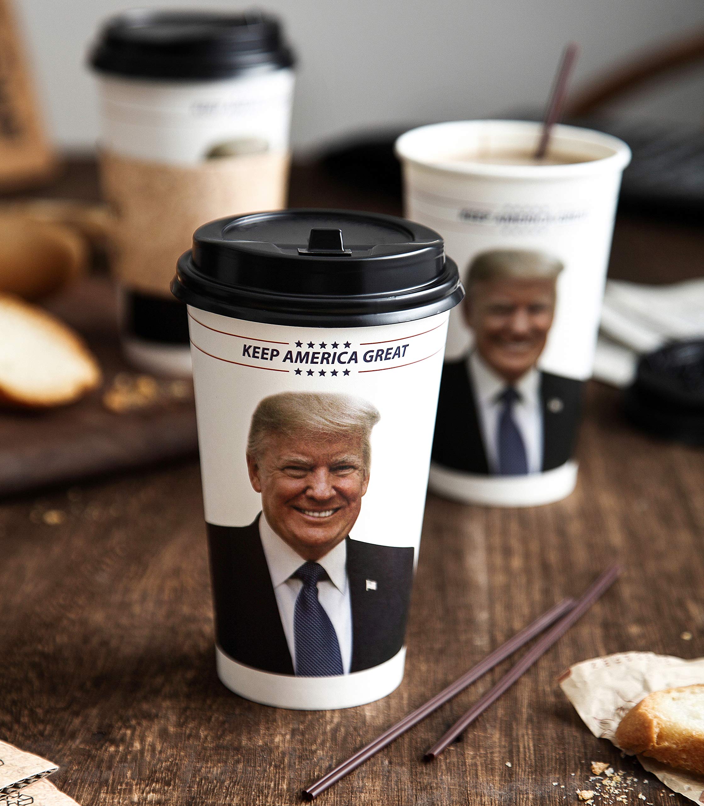 Trump Coffee Cups - 16oz Disposable Paper Travel Mugs (100-Pack) with Black Lids, Sleeves & Stirrer Straws - Perfect for Office, Cafes, Parties & On-the-Go Coffee Lovers