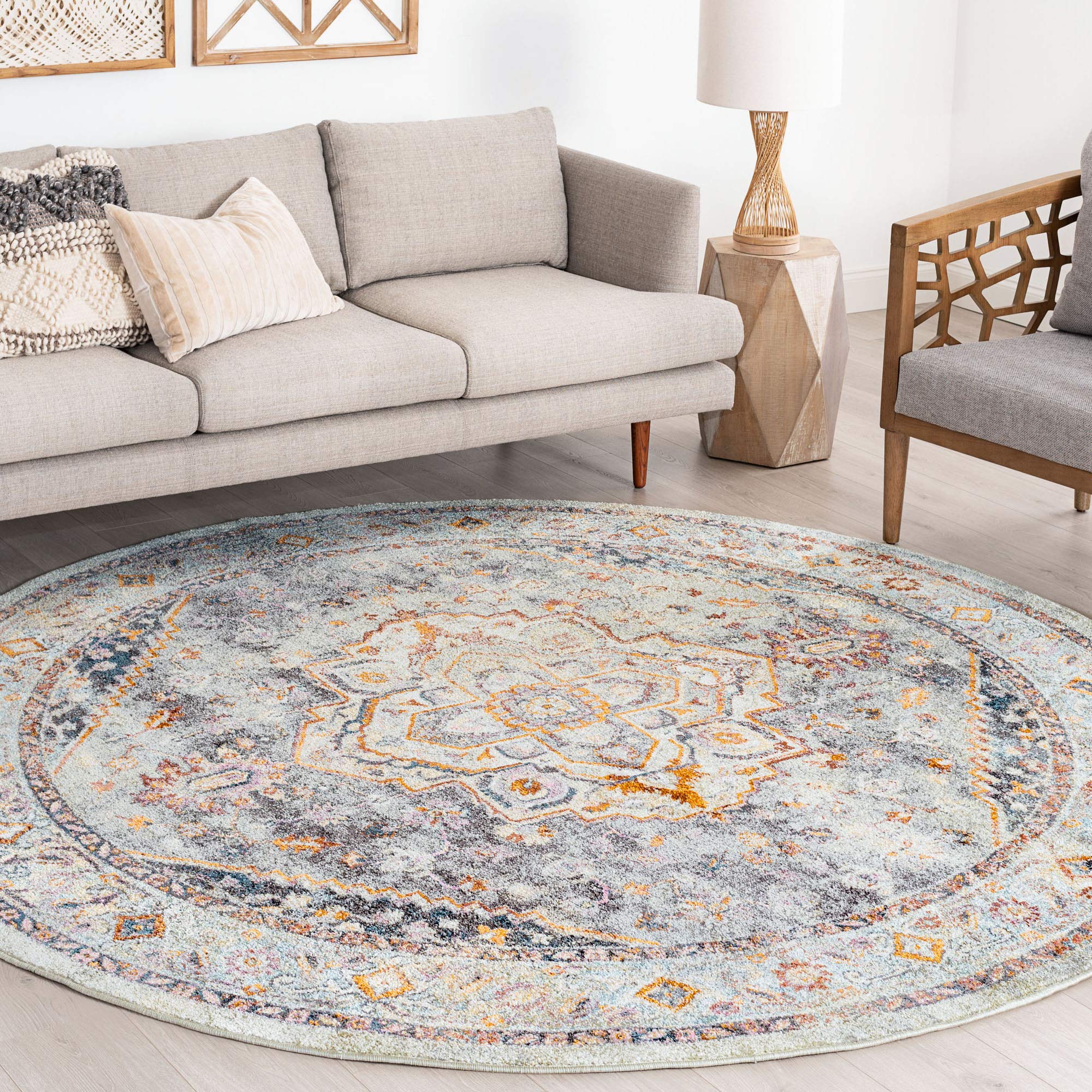8ft Round Area Rug - Traditional Large Gray Carpet for Living Room, Dining Room, Bedroom, Entryway & Kitchen | 7'10