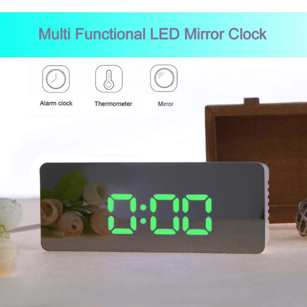 Multi-Function Digital Mirror LED Alarm Clock with Night Light, Thermometer & Wall Clock - Square Rectangular Design (Green) - Perfect for Bedroom, Bathroom, Office & Home Decor