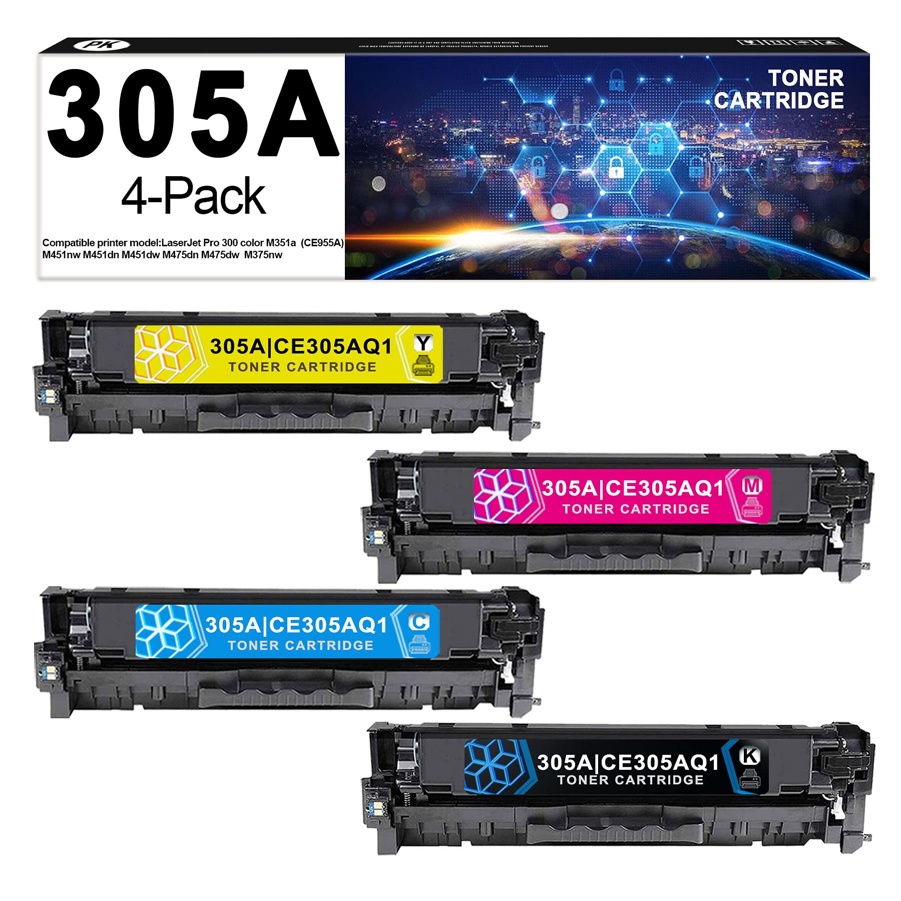 4-Pack HP CE305AQ1 Compatible Toner Cartridge (Black, Cyan, Yellow, Magenta) - Replacement for HP Pro 300 Color Printer, M351a, M451nw - Ideal for Office Printing, School Projects & Home Use