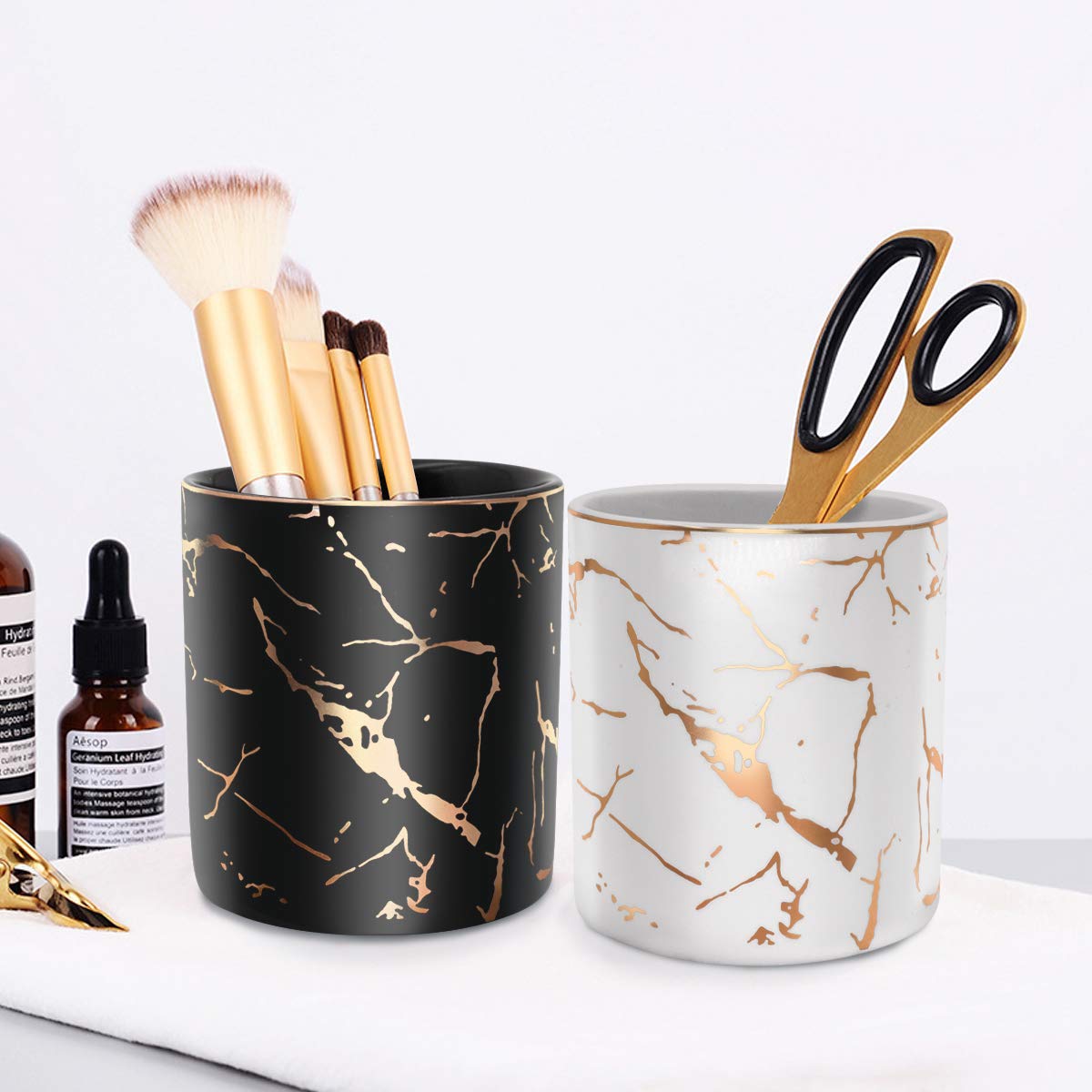 Ceramic Pen Holder for Desk - Marble Pencil Cup Organizer for Office & Makeup Brushes (White)