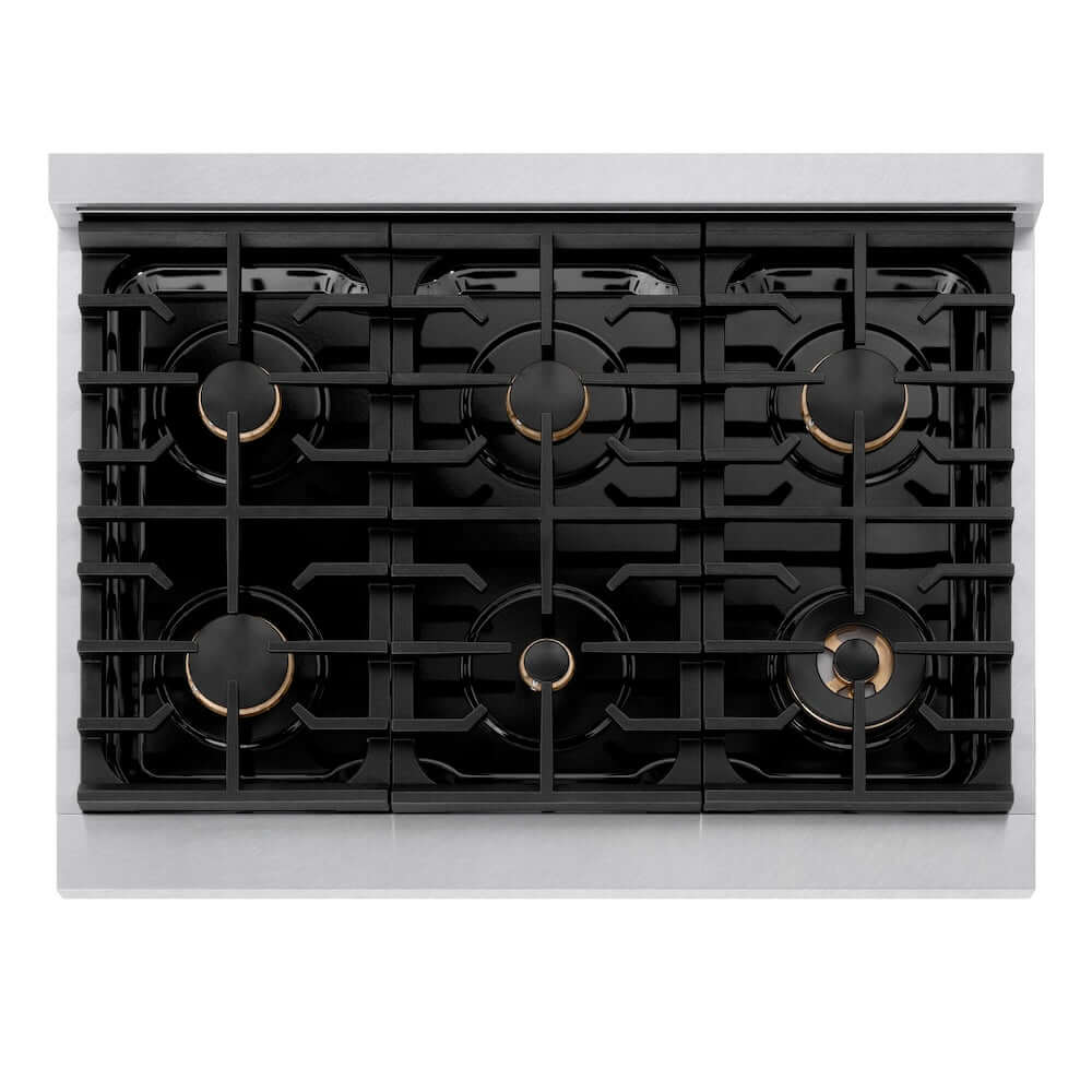 ZLINE Autograph Edition 36-inch 5.2 cu. ft. Paramount Gas Range with 6 Burner Cooktop & Convection Gas Oven - Satin Stainless Steel with Champagne Bronze Accents (SGRSZ 36 CB) - Perfect for Professional Home Chefs & Modern Kitchens