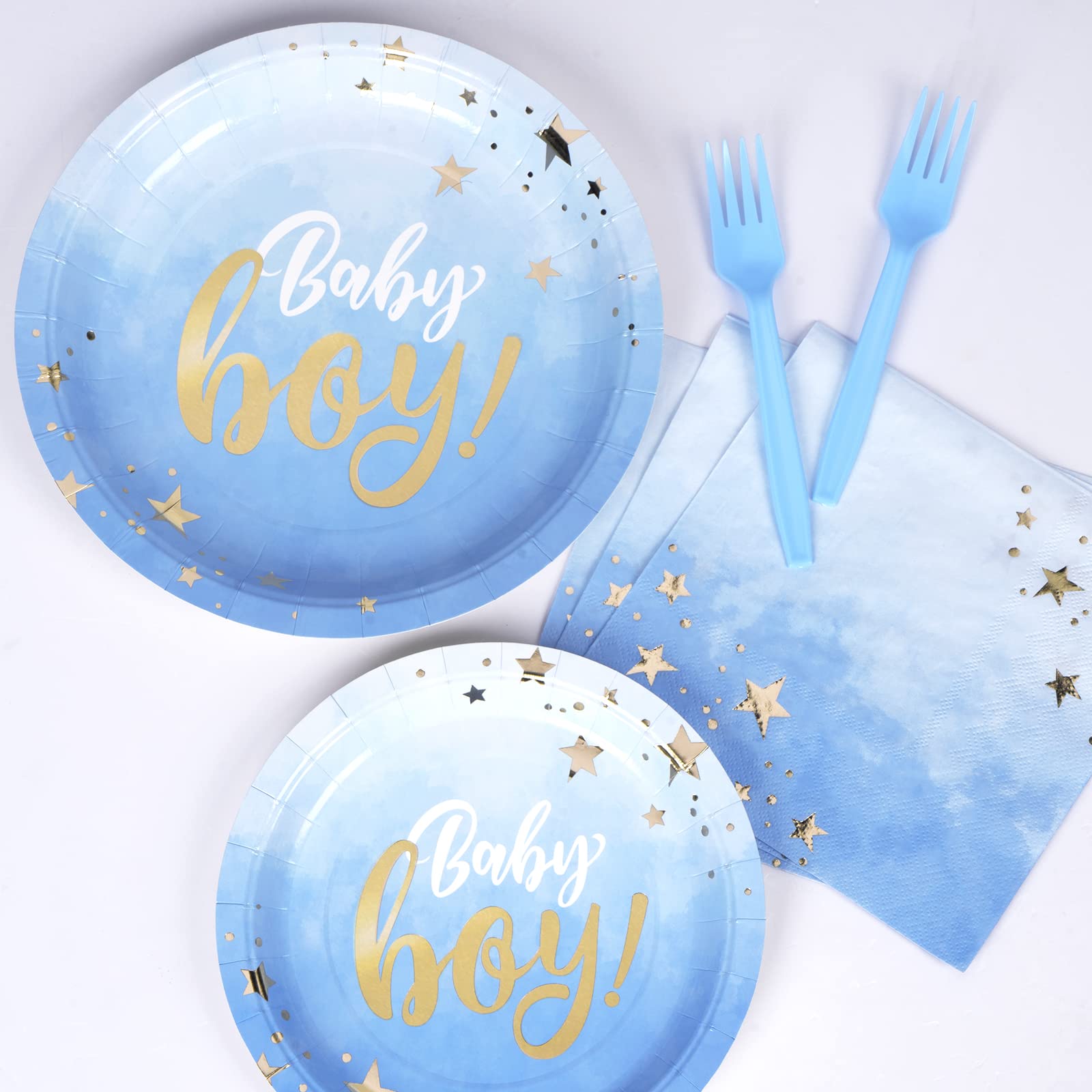 DECORLIFE Baby Shower Plates and Napkins Set for Boys - 24 Blue Themed Plates, Forks Included (96 Pieces Total) - Perfect for Baby Showers, Birthday Parties & Gender Reveal Celebrations