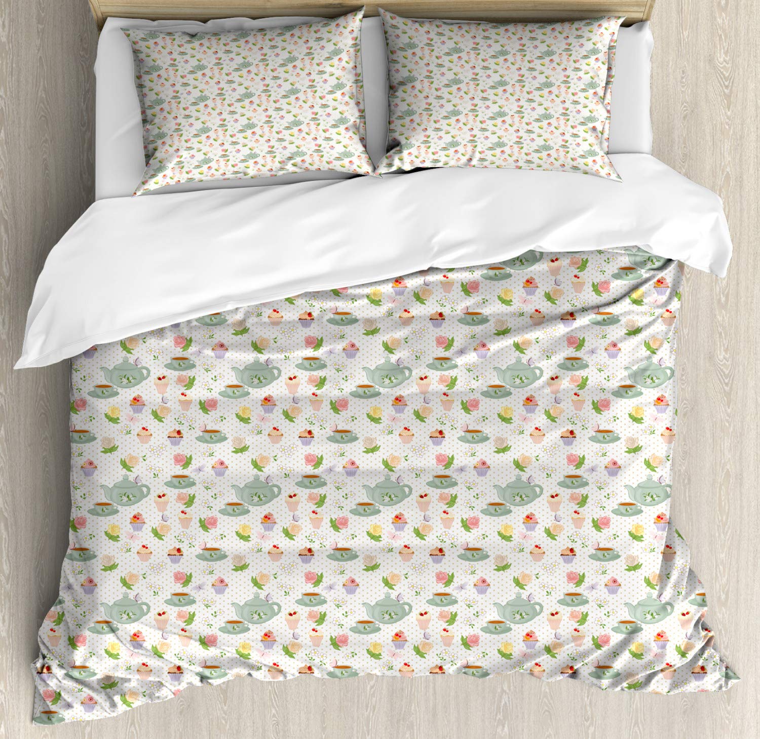 Ambesonne Tea Party Duvet Cover Set - Floral Cupcake & Muffin Design on Polka Dot Background, 3-Piece Queen Size Bedding Set with 2 Pillow Shams in Pale Sage Green & Multicolor | Perfect for Girls' Bedroom, Tea-Themed Decor & Cozy Home Styling