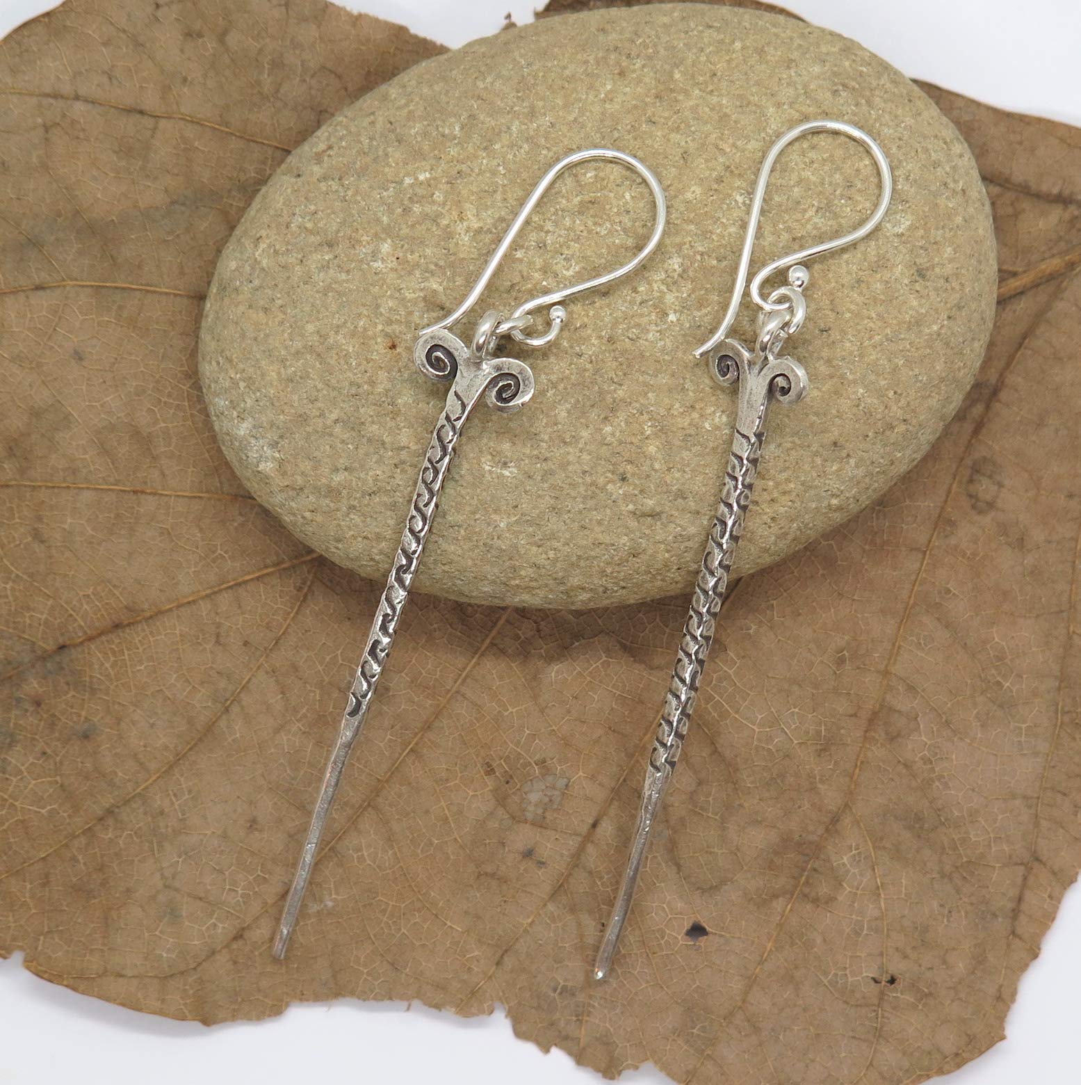 Handmade Sterling Silver Needle Spike Long Dangle Earrings with Tribal Thorn & Ethnic Motifs - Perfect for Boho Fashion, Festival Jewelry & Unique Gift Ideas