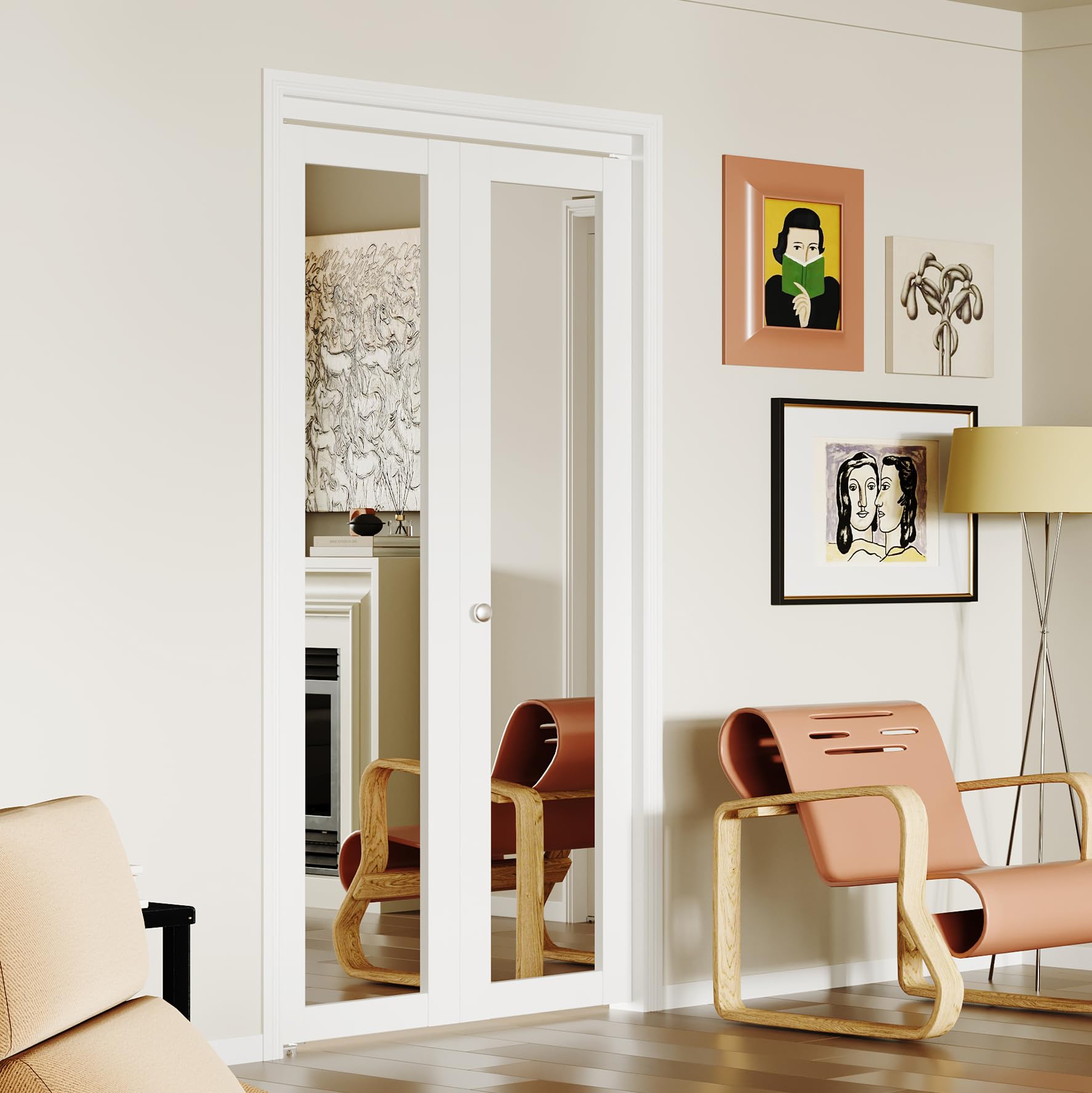 **Barner Home 36x80 Inch White MDF Bi-Fold Closet Doors with Mirror & Hardware Kit - Space-Saving Interior Doors for Bedrooms, Walk-In Closets & Small Spaces**