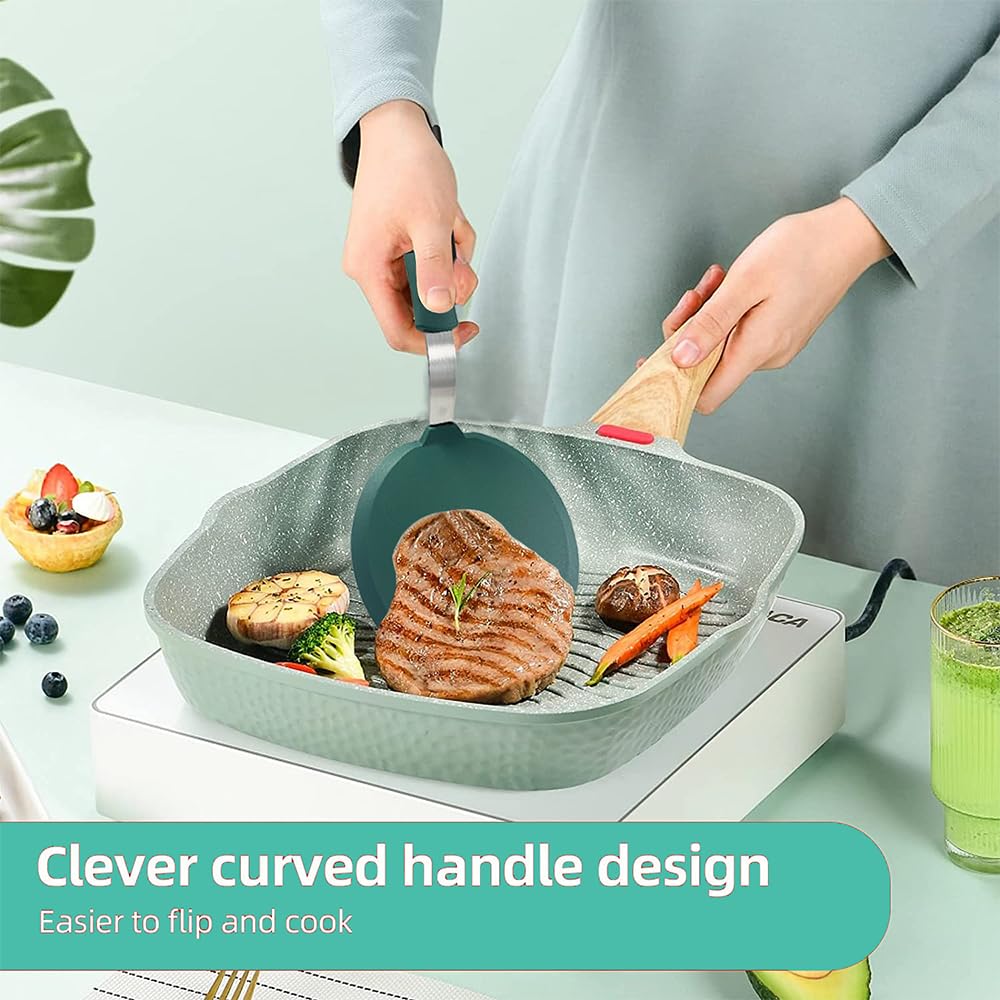 Flexible Silicone Fish Spatula Set of 2 - Non-Stick Pancake Turner, Omelette & Egg Spatula, Heat-Resistant Kitchen Utensils for Baking, Frying & Cooking (Green) - Perfect for Breakfast, BBQ & Baking Needs