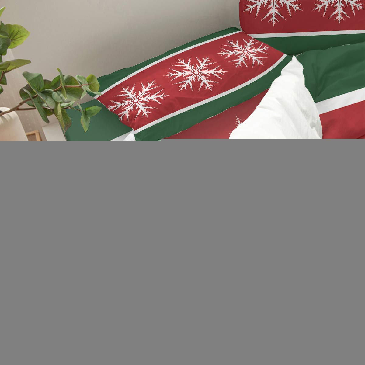 4-Piece Full Size Christmas Duvet Cover Set - Red & Green Snowflake Striped Luxury Soft Bedding (1 Duvet Cover + 1 Sheet + 2 Pillowcases) - Perfect for Winter Bedroom Decor & Holiday Home Styling