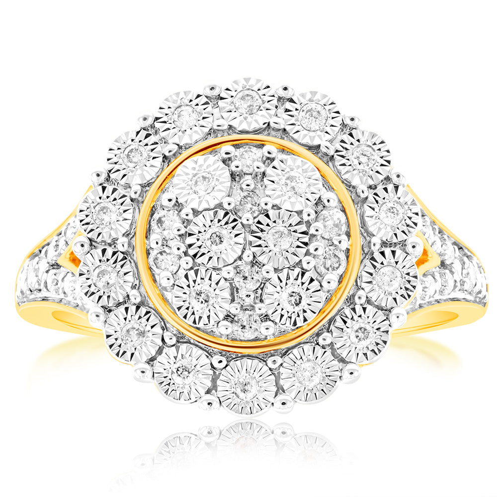 9ct Yellow Gold 1/5 Carat Diamond Disc Dress Ring for Women - Elegant Solitaire Engagement & Wedding Band Jewelry Gift for Her - Perfect for Anniversaries, Date Nights and Special Occasions