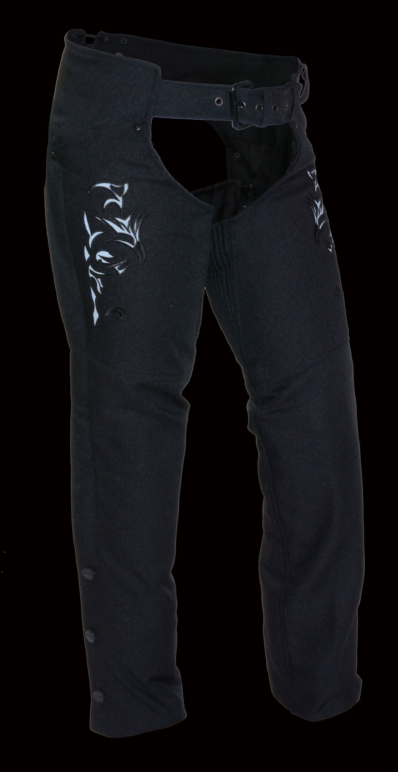 Milwaukee Leather Women's Black Textile Motorcycle Chaps with Tribal Embroidery - SH1182 - Durable Riding Gear for Harley, Cruiser & Adventure Bikes - Perfect for Long Rides & Motorcycle Events