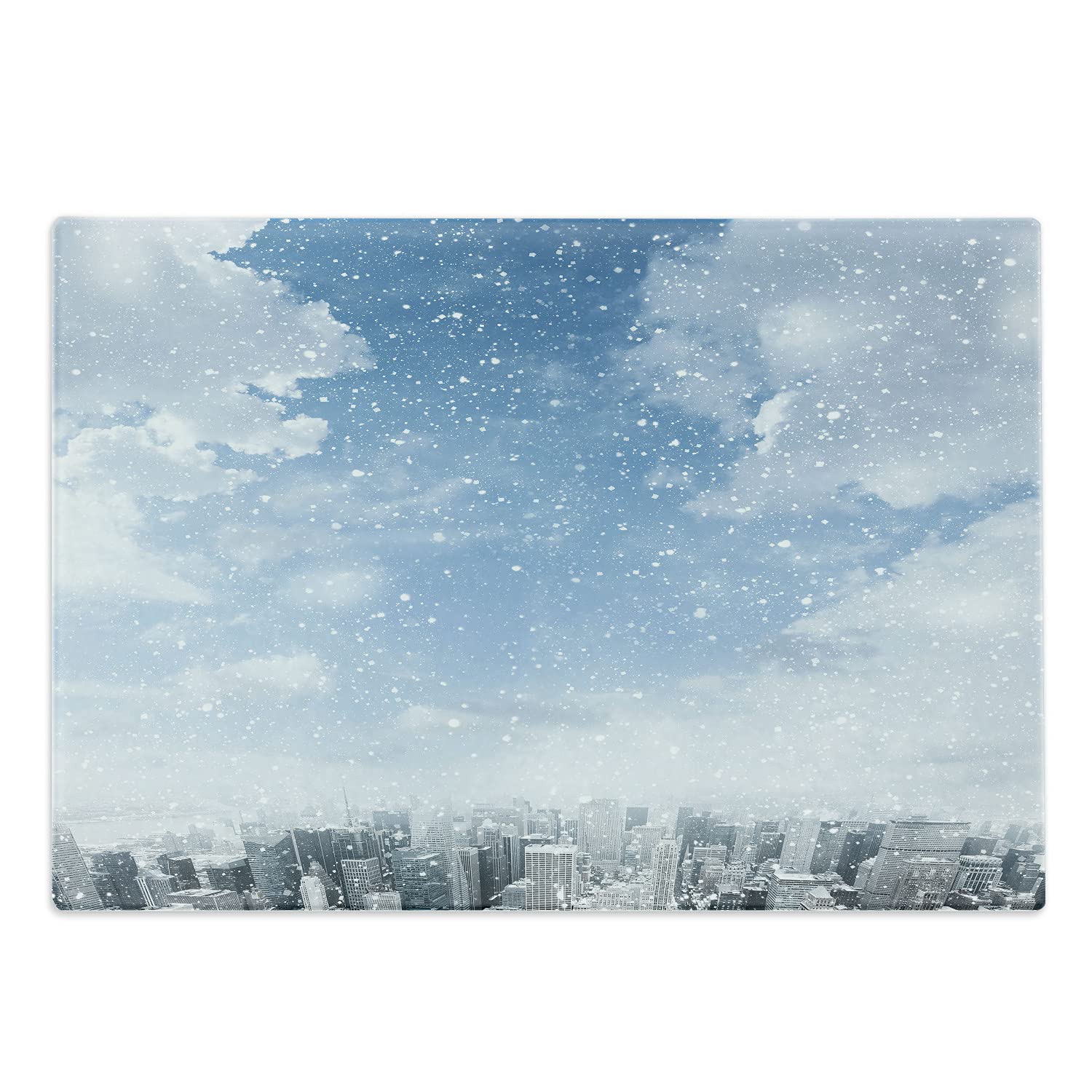 Ambesonne Winter Themed Tempered Glass Cutting Board - Snowy New York City Skyline Design, Large Decorative Serving Board for Kitchen & Dining - Perfect for Holiday Entertaining & Gifts (Blue Grey White)