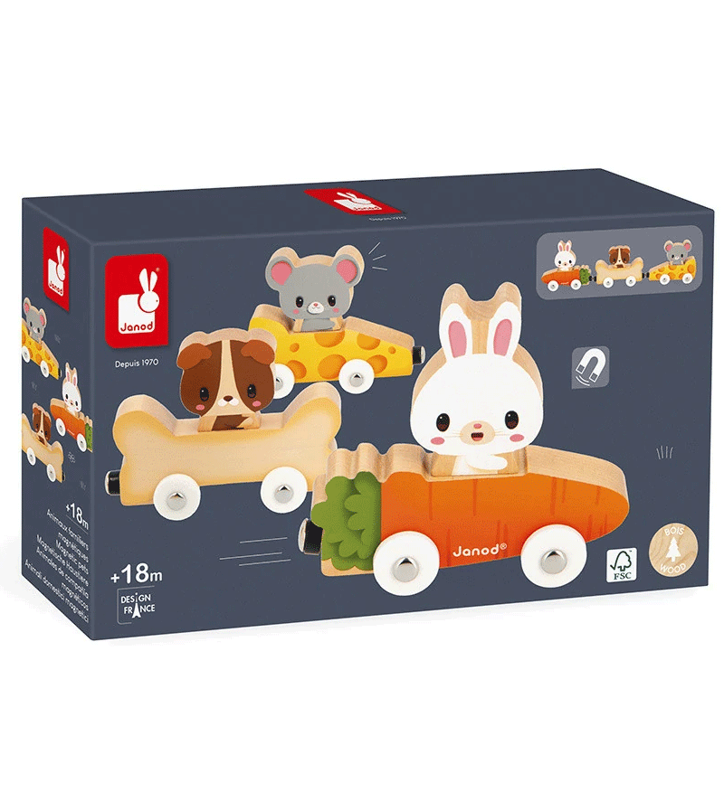 Janod Magnetic Pets Animal Train Toy Set - Wooden Magnetic Train with Animal Figures for Kids, Perfect for Pretend Play and Early Learning Activities