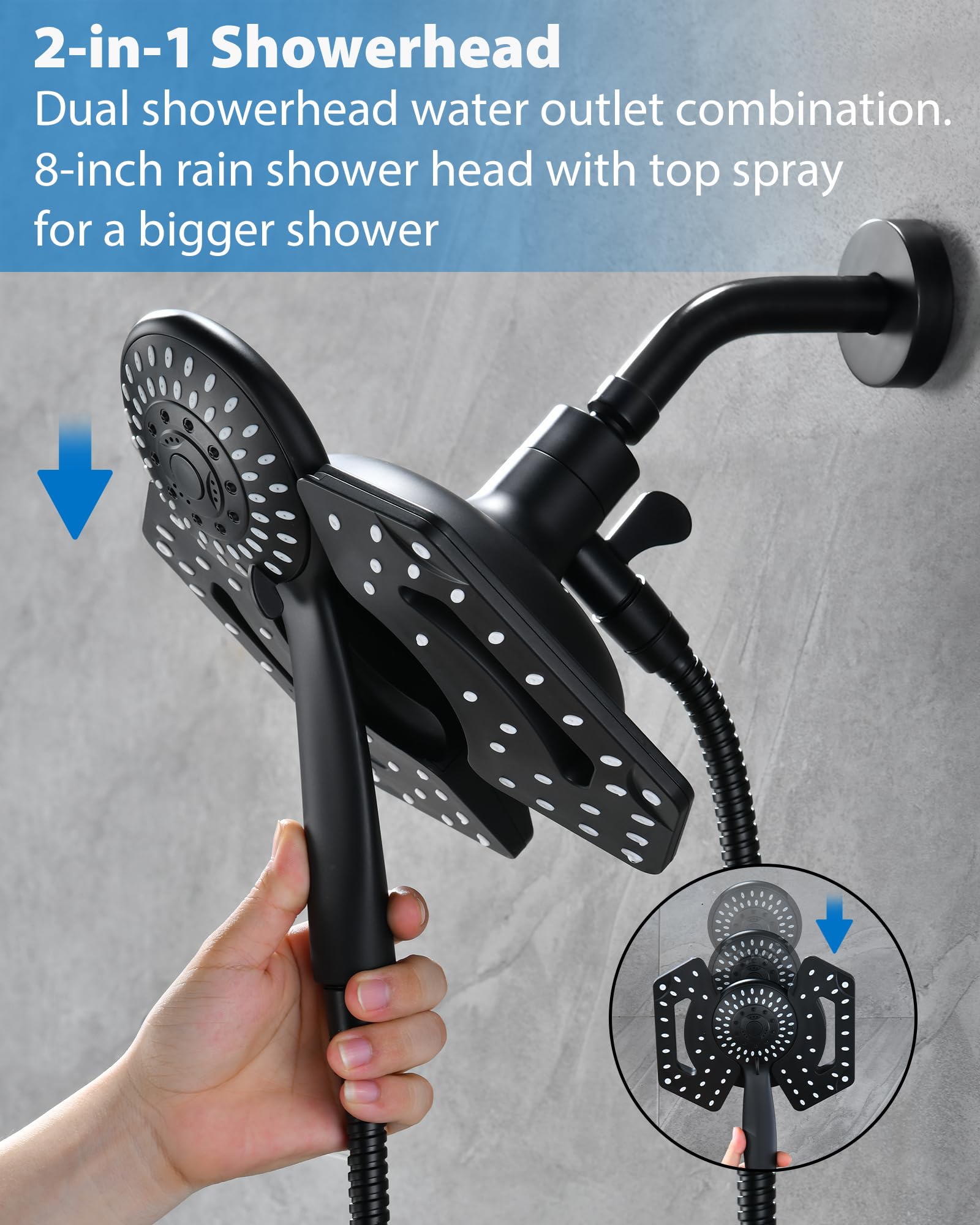 2-in-1 High Pressure Black Shower Head with Handheld - Rainfall & Detachable Dual Shower Heads with 2.5GPM Hose - Perfect for Bathroom Renovation & Spa-Like Shower Experience