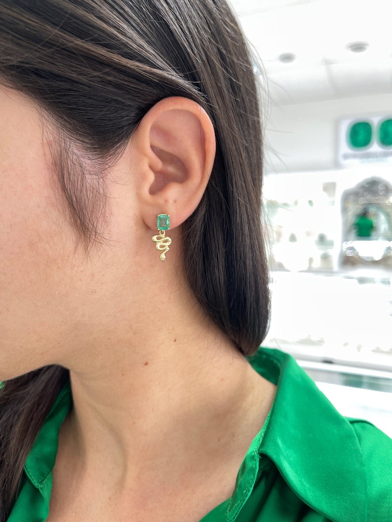 2.10tcw 14K Gold Natural Emerald Snake Dangle Stud Earrings for Women - Elegant Jewelry Gift for Birthday, Anniversary & Special Occasions