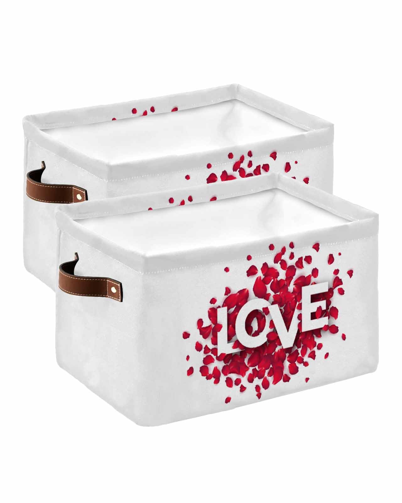 Large Collapsible Storage Bins with Handles - 2 Pack White Fabric Cube Organizer Baskets for Shelves, Closet & Nursery | Valentine's Day Gift Idea with Rose Leaf Design | Perfect for Home Organization & Decor