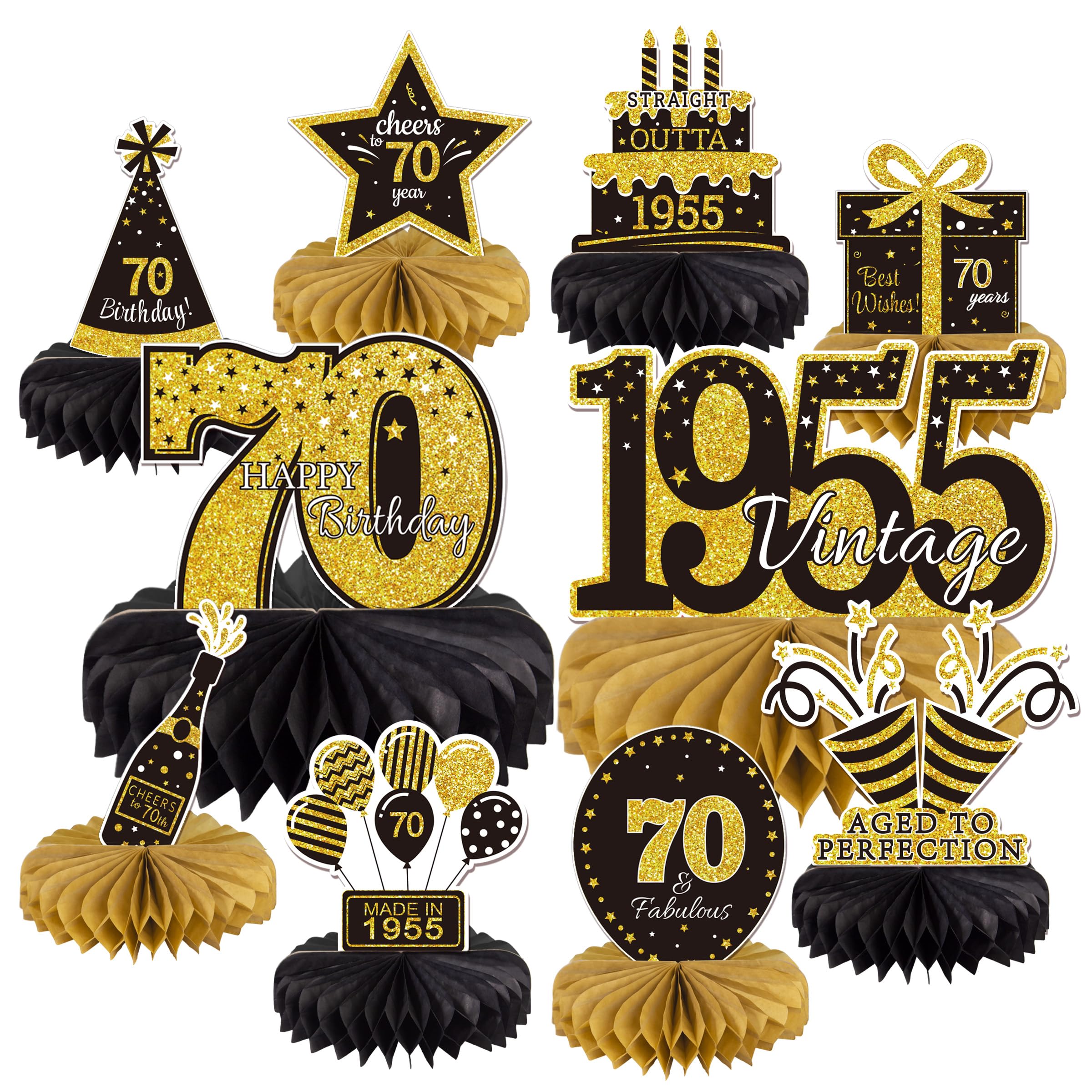 10PCS Vintage 70th Birthday Party Decorations Set - Gold & Black Honeycomb Table Centerpieces for 1955 Theme (70 Years Old) - Perfect for Milestone Celebrations, Retirement Parties & Anniversary Events