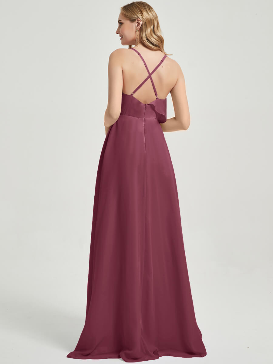 Elegant Mulberry Chiffon Maxi Bridesmaid Dress with Criss Cross Straps, Ruffles & High Slit - Perfect for Weddings, Prom & Formal Events