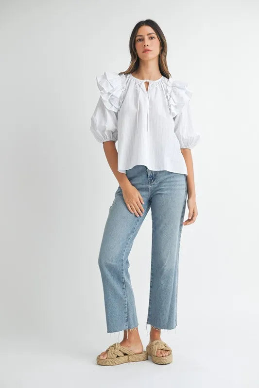 Elegant Stripe Ruffle Shoulder Puff Sleeve Blouse for Women - Trendy Office & Party Wear - Perfect for Work, Date Night & Special Occasions