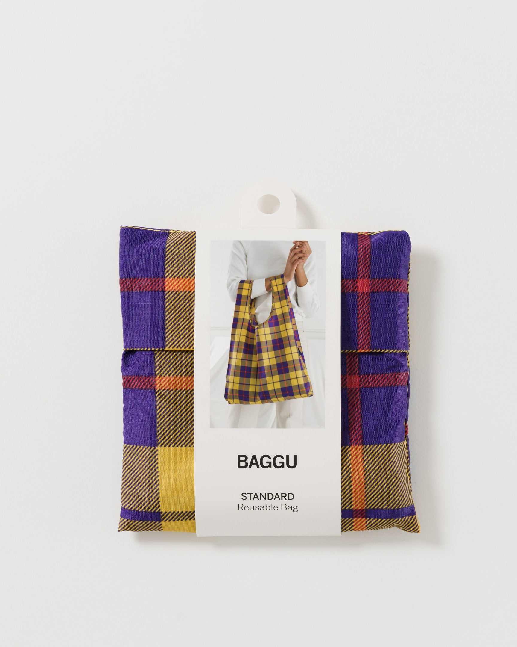 Baggu Standard Reusable Shopping Bag - Eco-Friendly Foldable Grocery Tote in Yellow Tartan Plaid for Groceries, Beach, and Travel