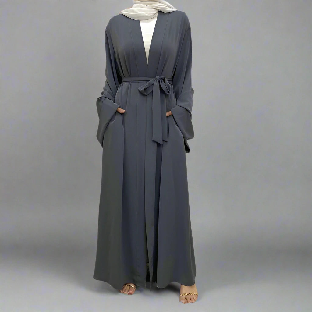 Stylish Muslim Women's Open Abaya Dress with Pockets - Modest Broken Twil Fabric Prayer Dress for Home, Mosque & Special Occasions