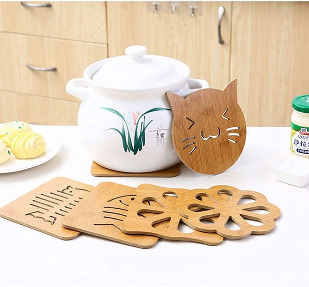 Eco-Friendly Bamboo Wooden Coasters Set of 2 - Absorbent Drink Coasters for Mugs, Cups & Glasses - Cat Design Home Decor for Kitchen, Dining Table & Office Use