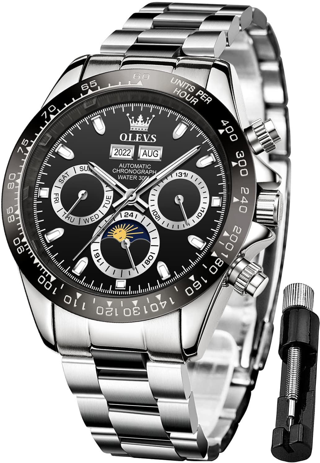 OLEVS Men's Automatic Skeleton Mechanical Watch - Self Winding Luxury Dress Wristwatch with Moon Phase, Day Date, Waterproof & Luminous - Perfect for Business, Formal Events & Gift Giving