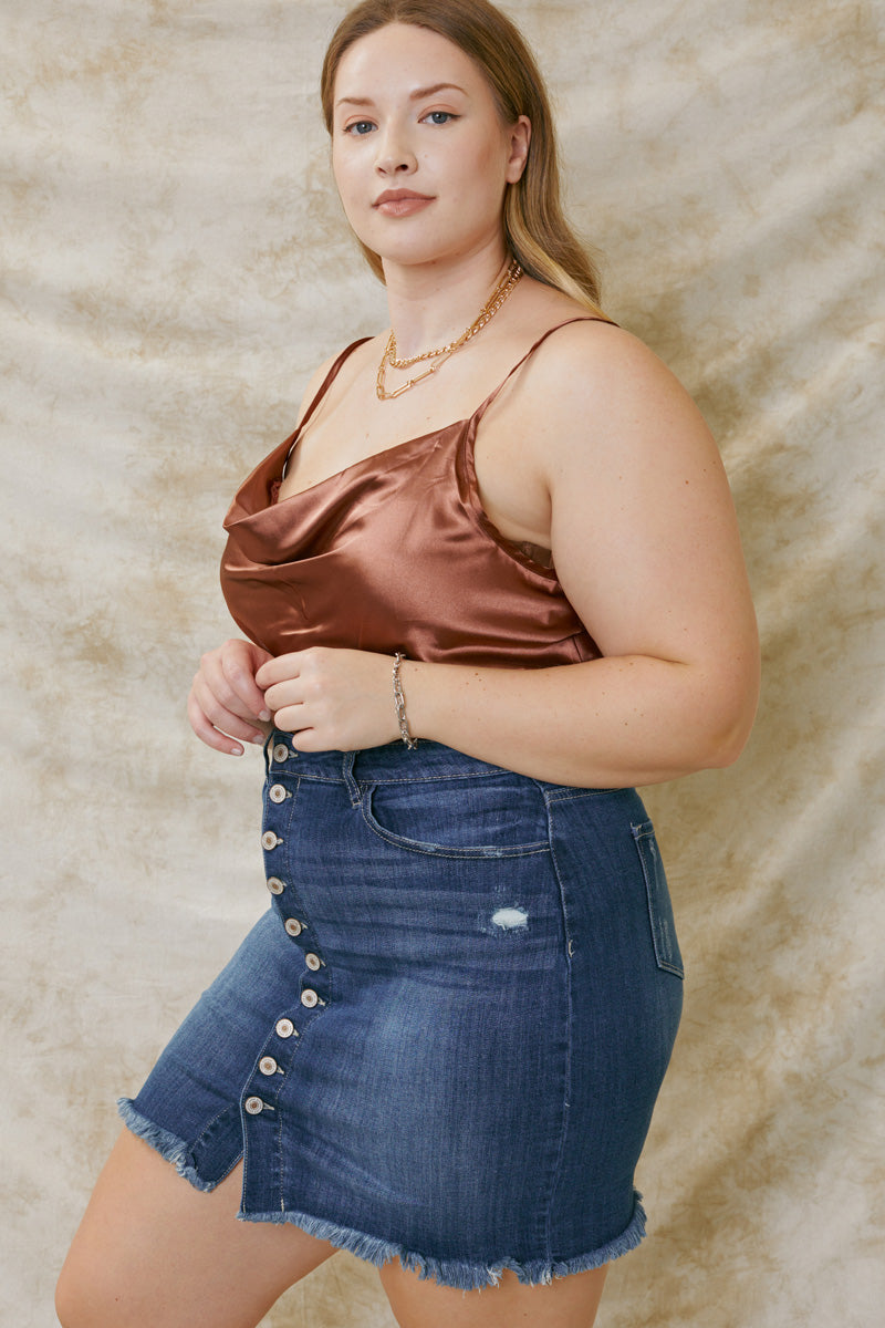 Lucy High Rise Fringed Hem Mini Skirt for Women - Plus Size Denim A-Line Skirt with Distressed Details | Perfect for Casual Outfits, Music Festivals & Night Out