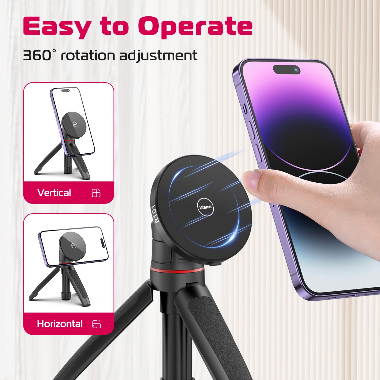 ULANZI Magnetic Phone Tripod Stand with 360° Ball Head - Portable Extendable Selfie Stick & Grip Compatible with iPhone 16/15/14/13/12 & MagSafe Cases | Perfect for Vlogging, Travel, Live Streaming & Hands-Free Video Calls