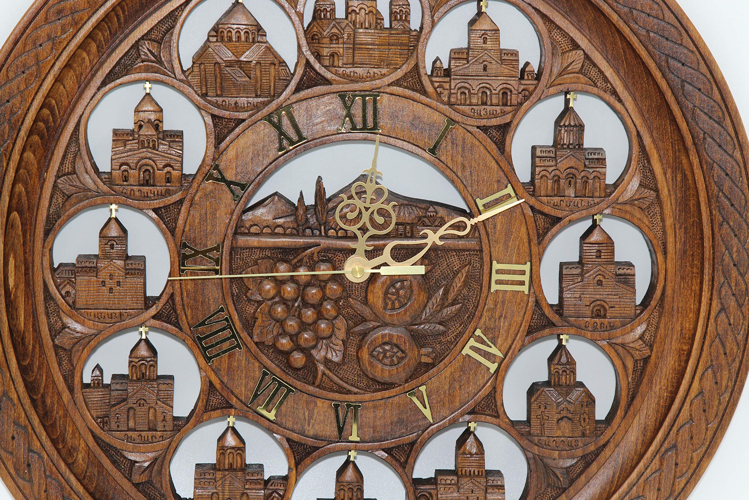 Handmade Wooden Wall Clock - Armenian Church & Mount Ararat Carved Decor - Unique Wood Art Gift for Home, Office & Church Decorations