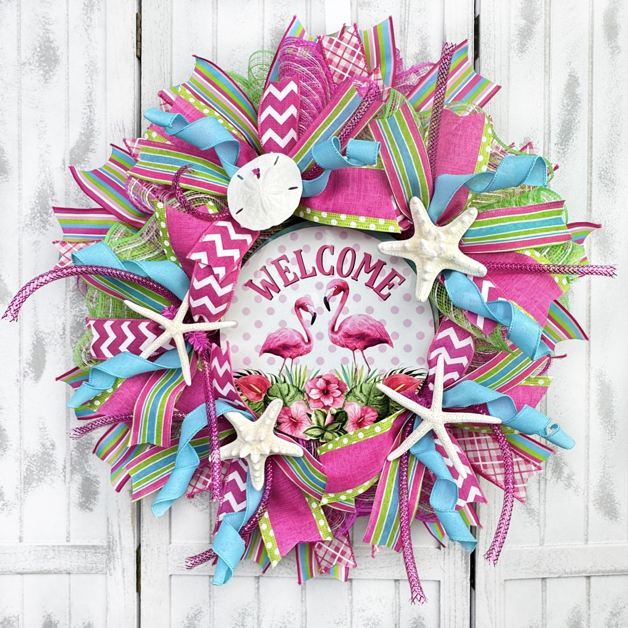 Vibrant Flamingo Coastal Wreath - Tropical Summer Beach Door Decor for Porch, Patio & Poolside | Waterproof Outdoor Welcome Sign