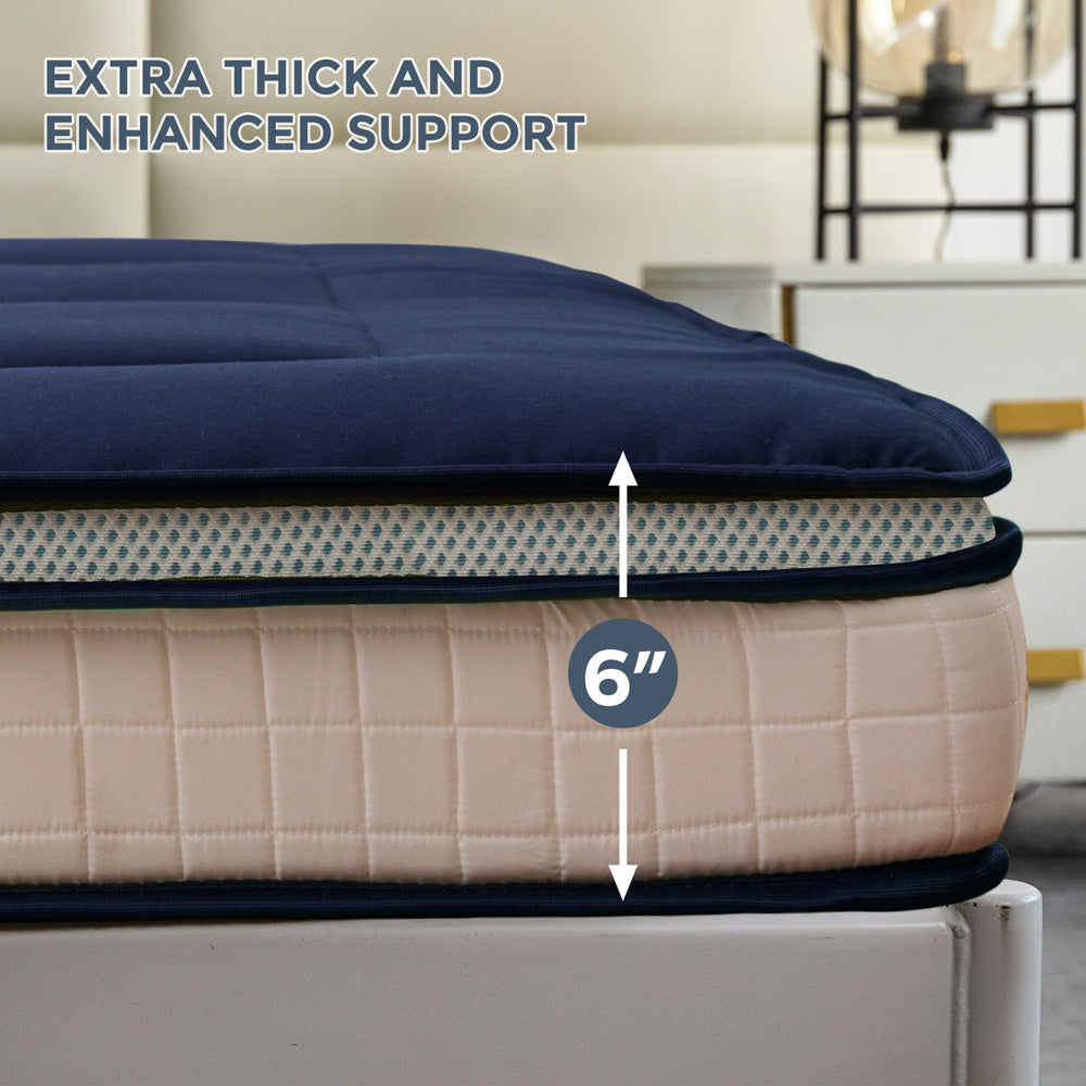 MAXYOYO Japanese Floor Futon Mattress - Thick Padded & Portable Navy Blue Floor Bed for Guest Room, Dorm, Camping & Travel