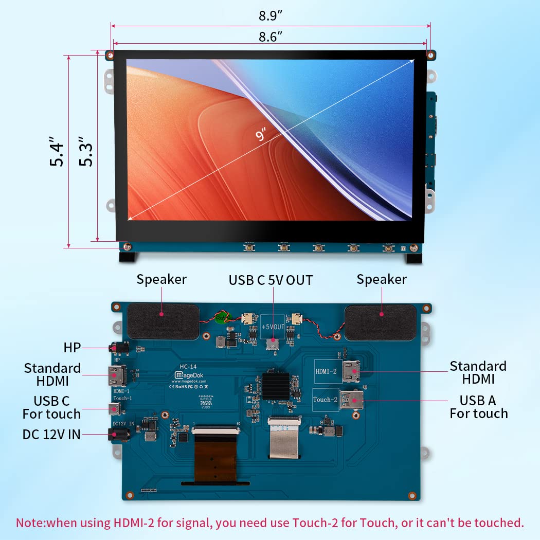 Magedok 9 Inch Raspberry PI Touchscreen Monitor - 1280x720 HD IPS Display with Anti-Glare & Optical Bonding, 600 Lumens Brightness, Mini HDMI Input, Wall Mountable - Perfect for DIY Projects, Coding, Digital Signage and Portable Workstations