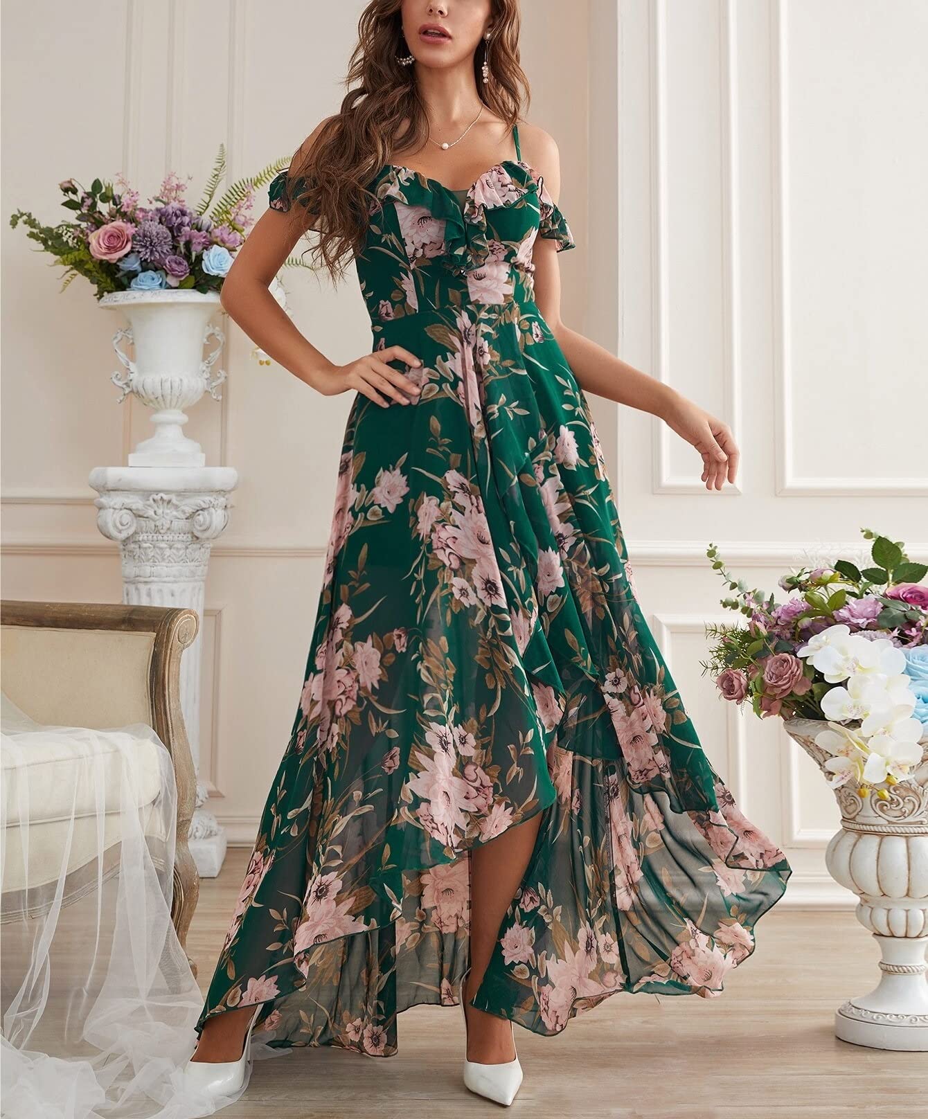 HAOSHU Women’s Sleeveless Cold Shoulder Floral Maxi Dress - High Low Hem Summer Party Beach Dress for Casual, Prom & Vacation | Perfect for Outdoor Events, Weddings & Tropical Getaways