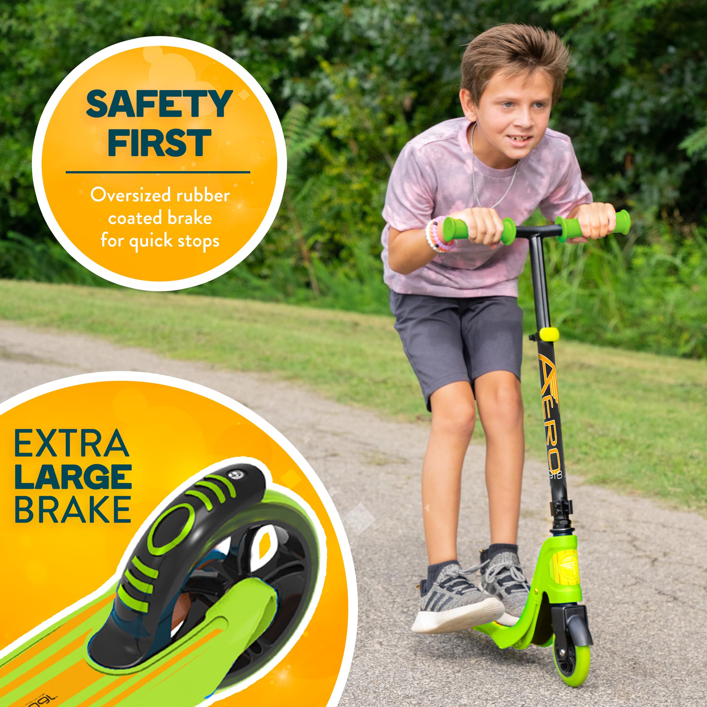 Flybar Aero Kids Scooter - Adjustable 2 Wheel Kick Scooter with Rear Brake & Foldable Design | Durable Outdoor Scooter for Boys & Girls Ages 5+ | Perfect for Park Rides, Neighborhood Commuting & School Playground Fun