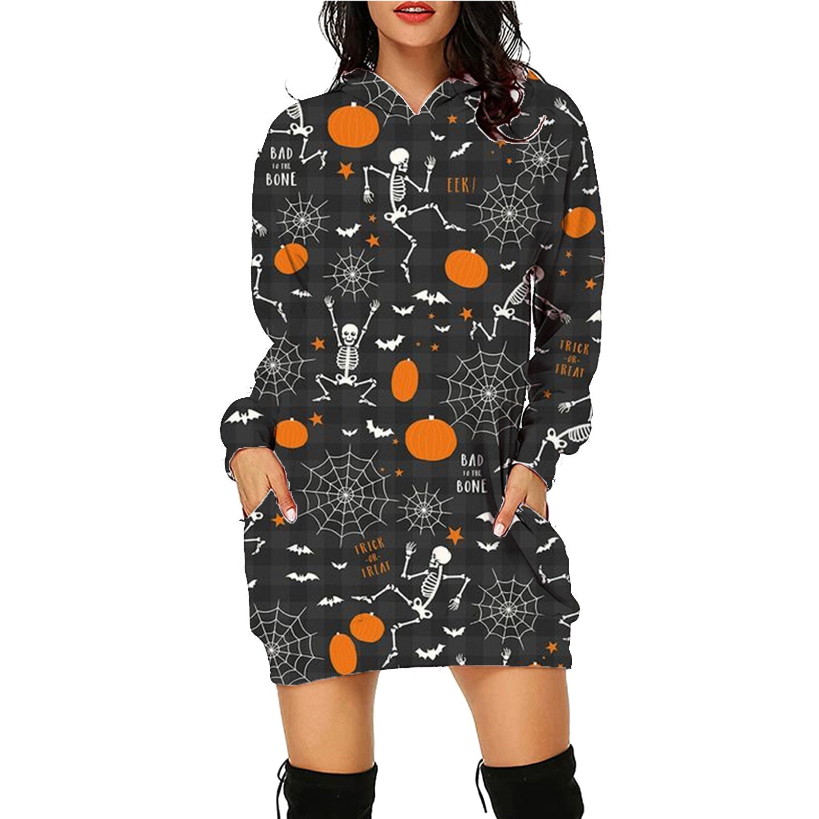 Halloween Print Long Hoodie with Pockets - Women's Cozy Long Sleeve Sweater for Fall Fashion, Outdoor Activities & Holiday Parties