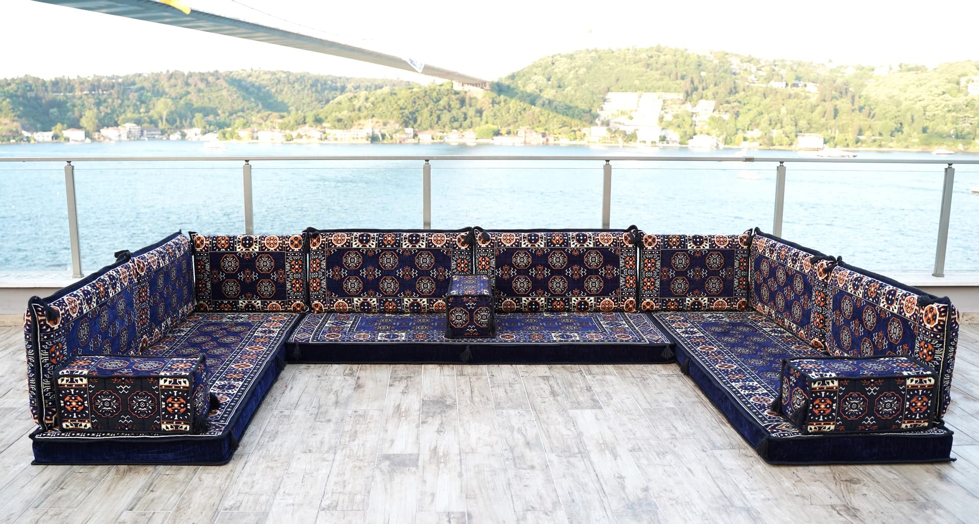 Navy Blue U-Shaped Arabic Floor Sofa Set – Comfortable Floor Cushions for Balcony, Patio & Living Room – Moroccan Style Sectional Sofa with Poufs – Perfect for Relaxing, Lounging & Ethnic Home Decor