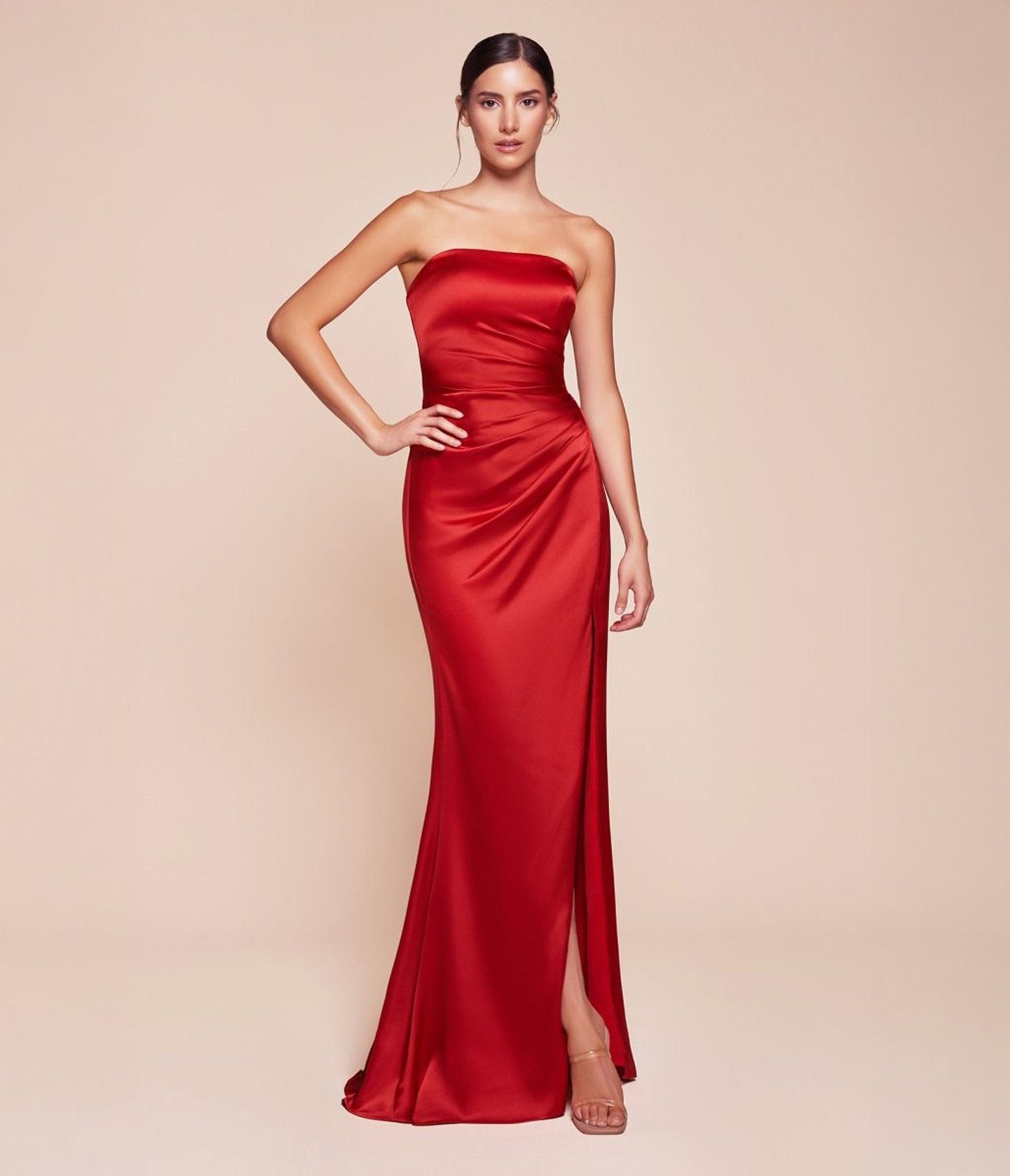 Ladivine by Cinderella Divine Red Strapless Satin Prom Dress with Detachable Sash - Perfect for Homecoming, Evening Gala & Special Occasions