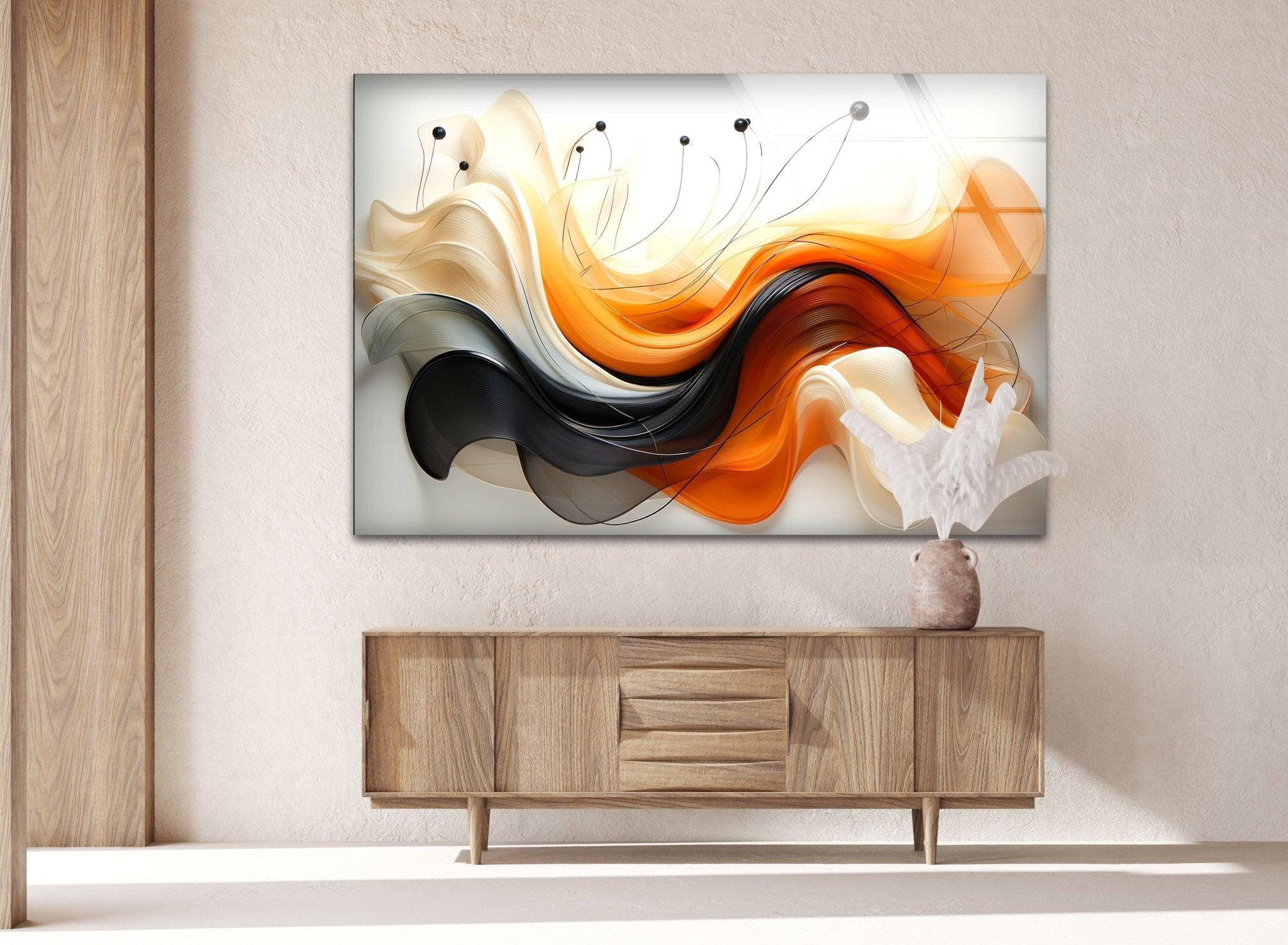 Abstract Orange & Black Wave Glass Wall Art - Modern Handmade Decor for Living Room, Bedroom & Office - Unique Gift Idea for Home & Interior Design Lovers