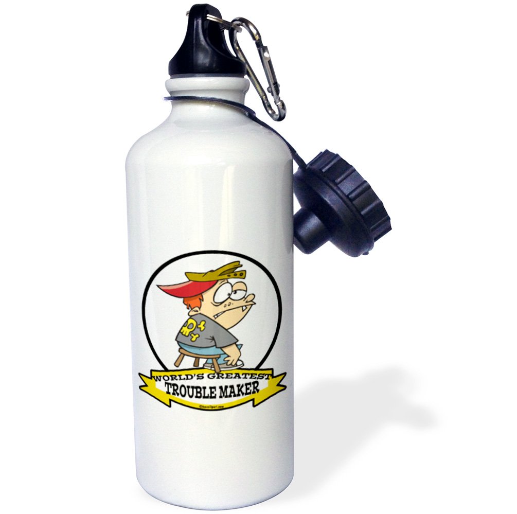 3dRose Funny World's Greatest Trouble Maker Cartoon Sports Water Bottle - 21oz Insulated Stainless Steel Bottle for Gym, Hiking & Workouts | Leakproof & BPA-Free | White