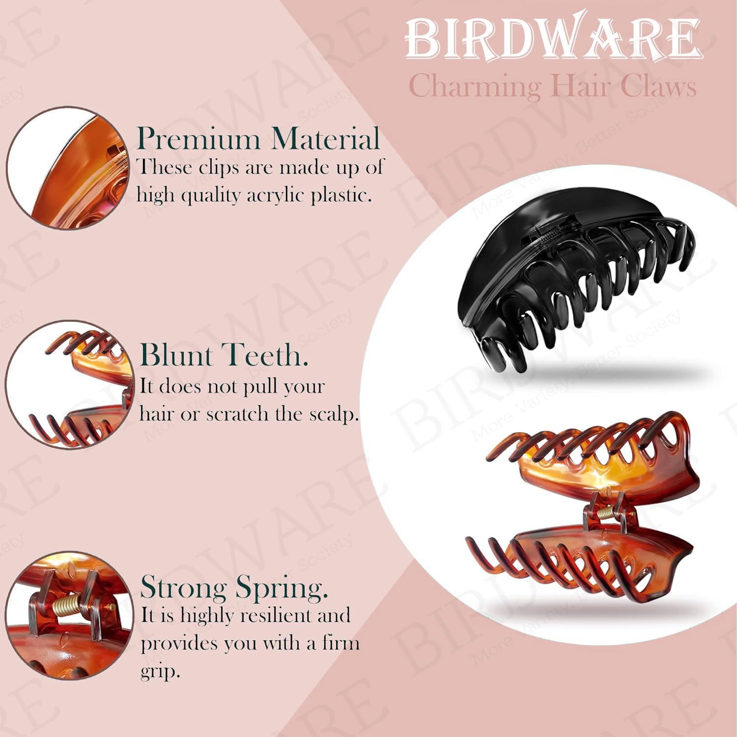 BIRDWARE Large Acrylic Hair Claw Clips for Women & Girls - 3 Pack Multi Color Stone Butterfly Hair Clips - Strong Hold Hair Accessories for Ponytail, Bun & Updo Hairstyles