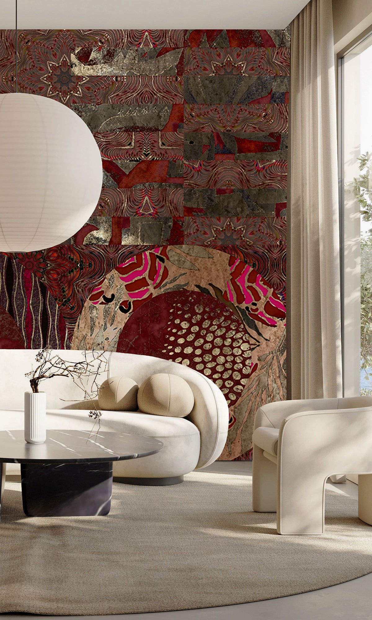 Burgundy Geometric Collage Mural Wallpaper M2575 - Modern Peel and Stick Wallpaper for Living Room, Bedroom & Office Decor