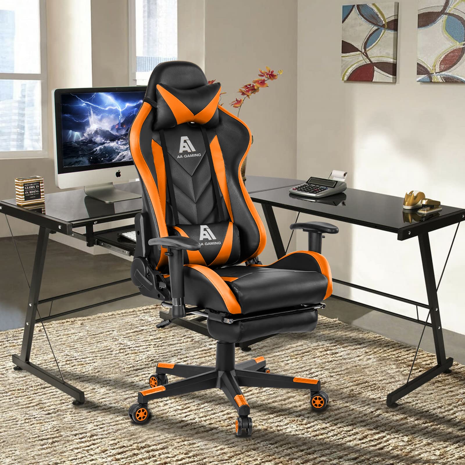 Ergonomic High Back Gaming Chair - Adjustable Racing Office Chair with Footrest & Lumbar Support - Swivel Computer Desk Chair for PC Gaming, Streaming & Home Office - Orange